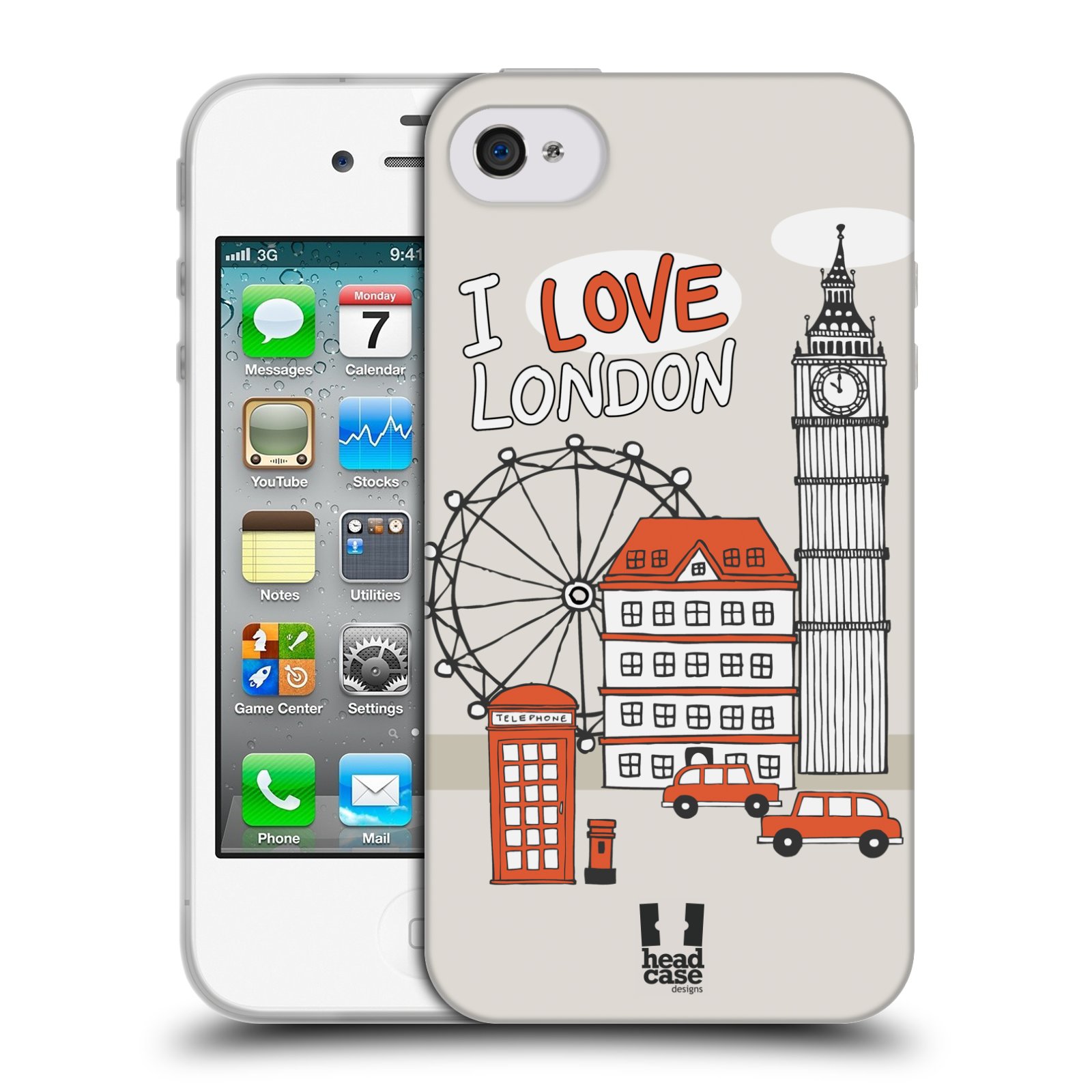 HEAD CASE silikonový obal na mobil Apple Iphone 4/4S vzor Kreslená městečka ČERVENÁ, Anglie, Londýn, I LOVE LONDON
