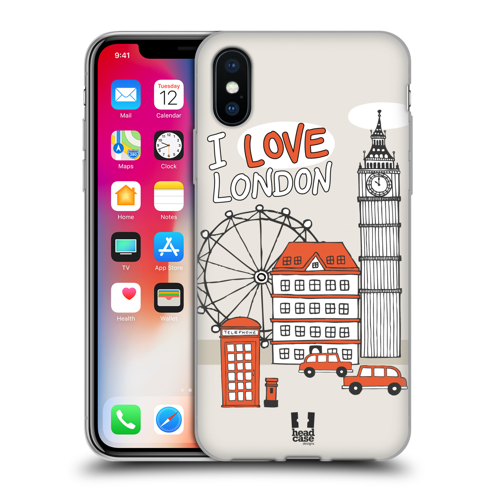 HEAD CASE silikonový obal na mobil Apple Iphone X vzor Kreslená městečka ČERVENÁ, Anglie, Londýn, I LOVE LONDON