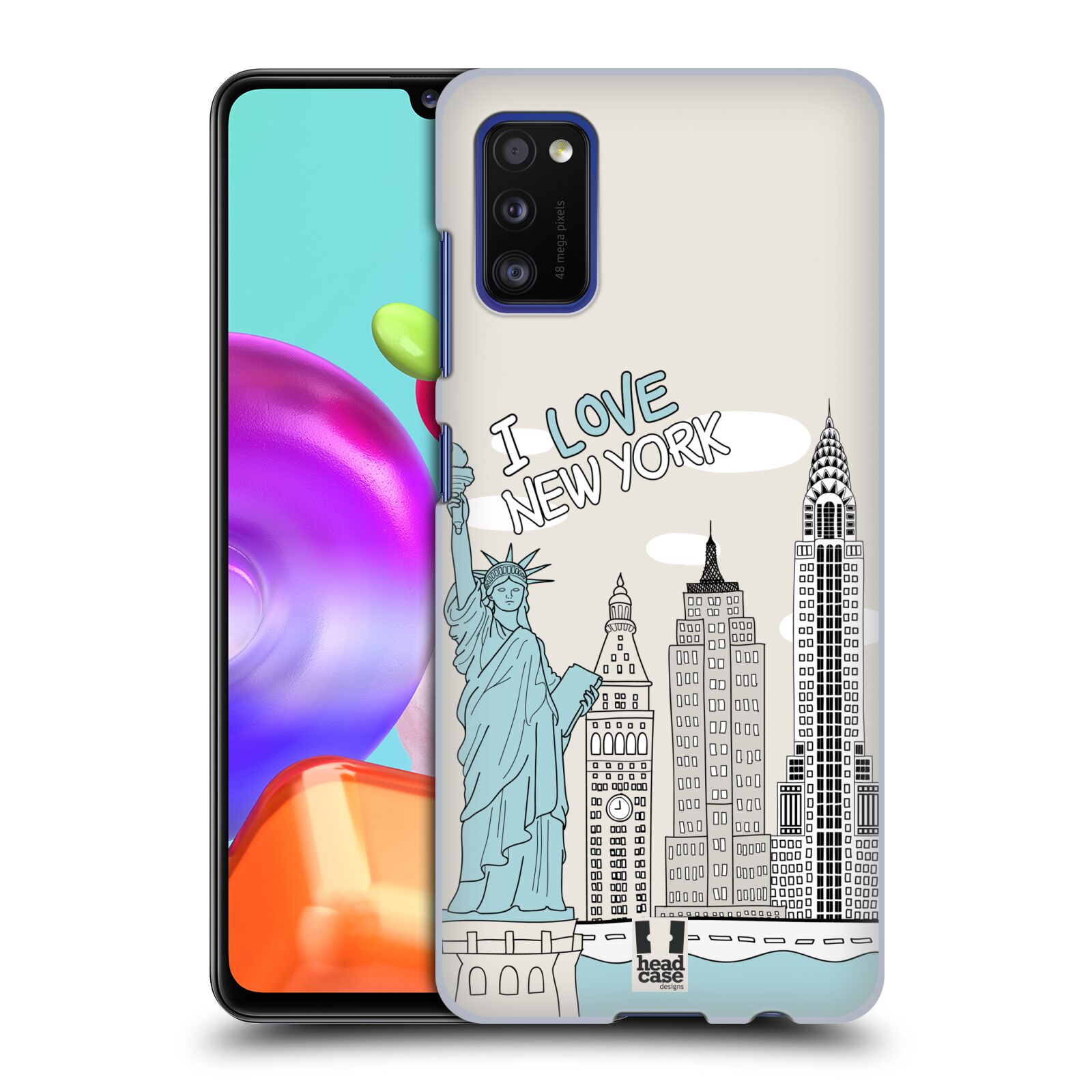 Zadní kryt na mobil Samsung Galaxy A41 vzor Kreslená městečka MODRÁ, USA, New York, I LOVE NEW YORK