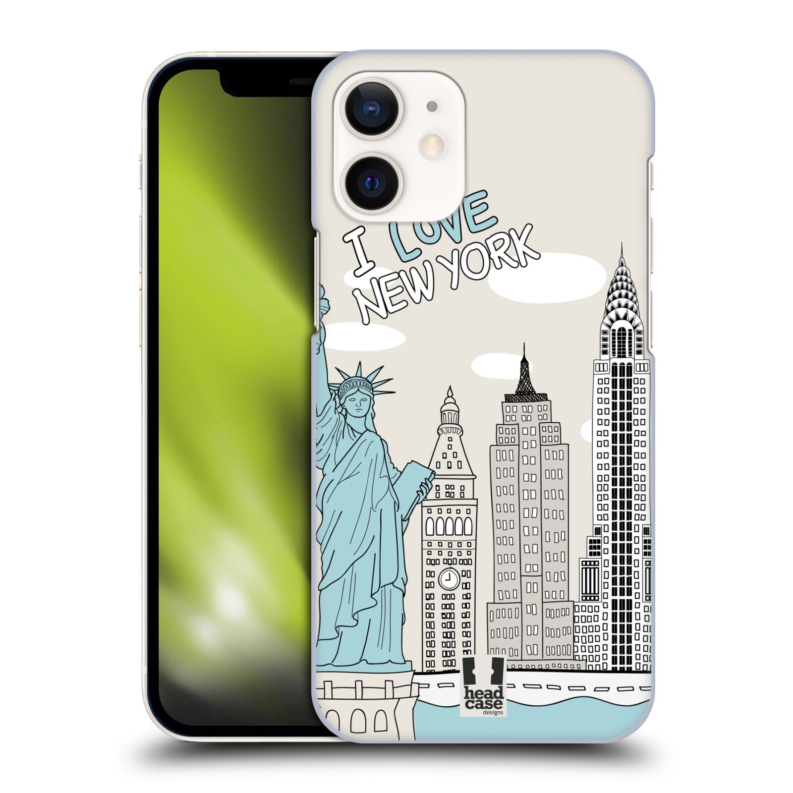 Plastový obal na mobil Apple Iphone 12 MINI vzor Kreslená městečka MODRÁ, USA, New York, I LOVE NEW YORK