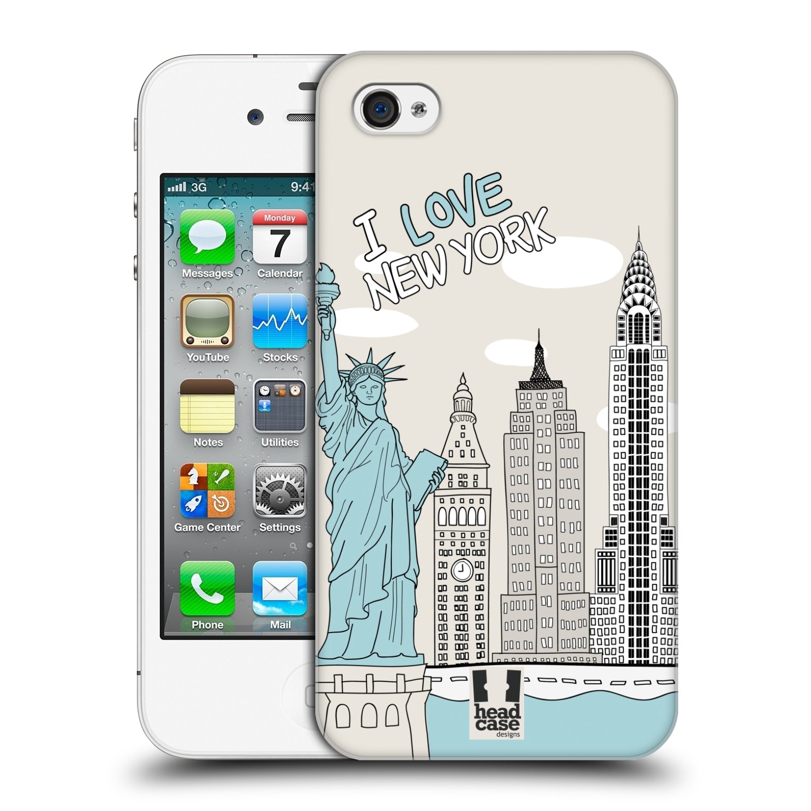 HEAD CASE plastový obal na mobil Apple Iphone 4/4S vzor Kreslená městečka MODRÁ, USA, New York, I LOVE NEW YORK