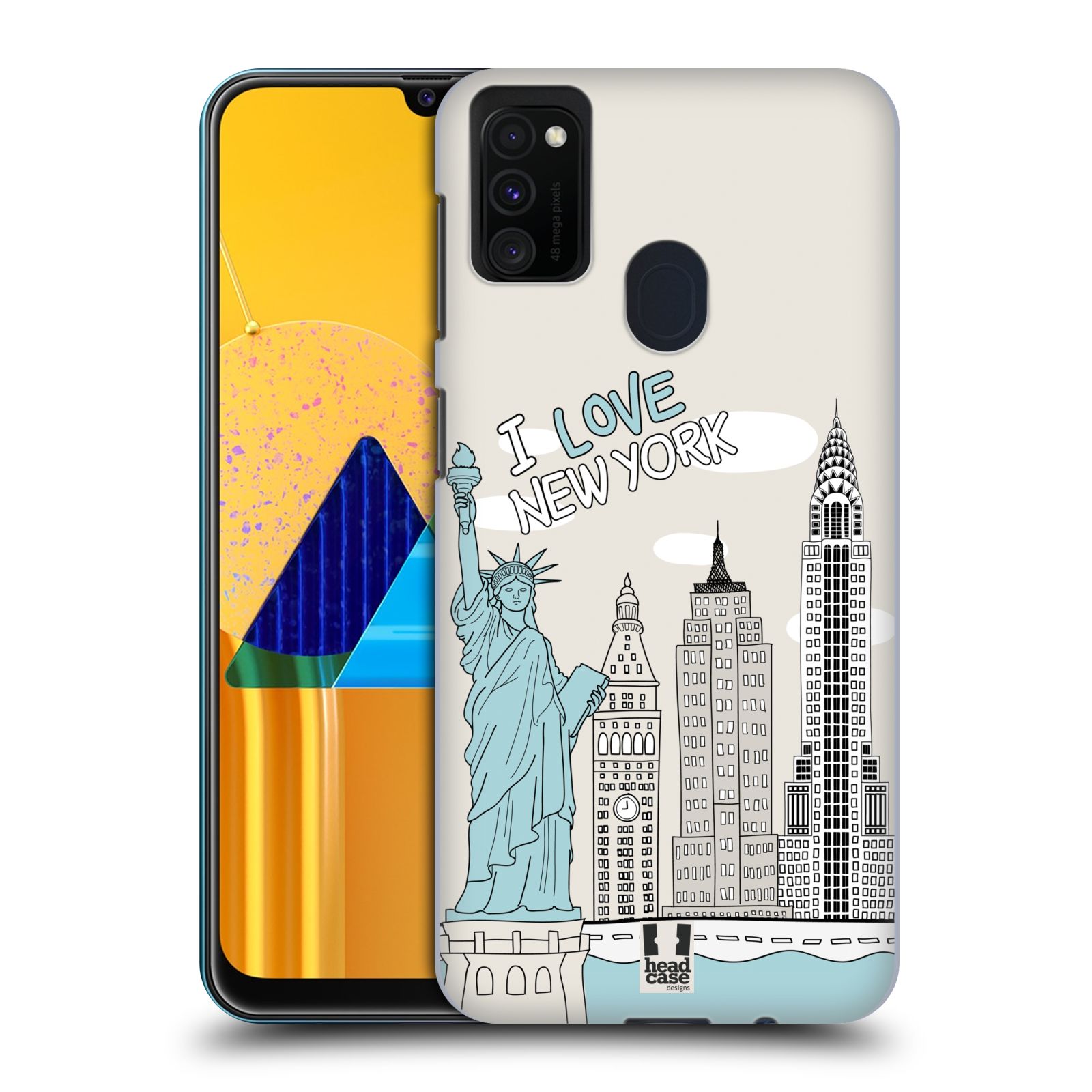 Zadní kryt na mobil Samsung Galaxy M21 vzor Kreslená městečka MODRÁ, USA, New York, I LOVE NEW YORK