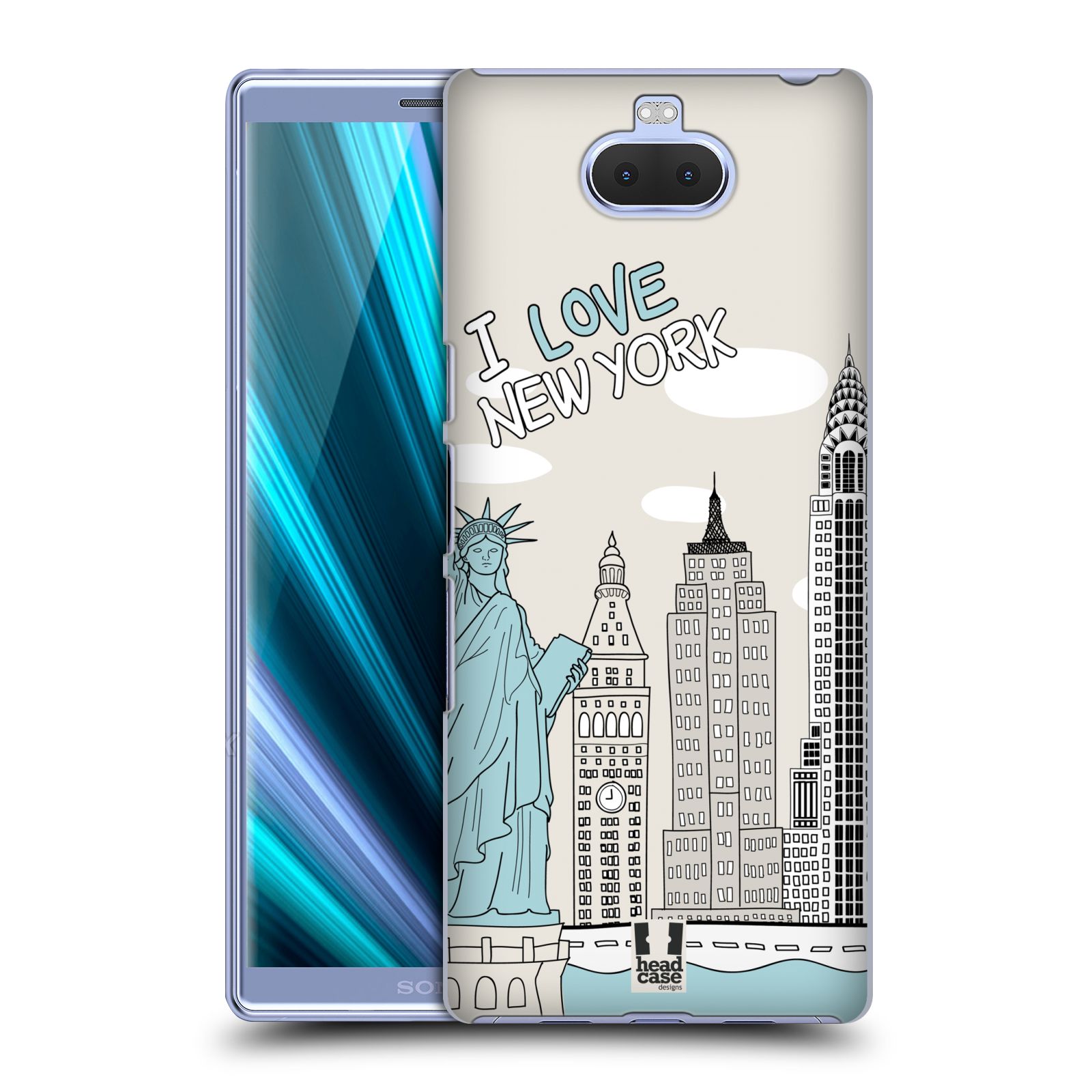 Pouzdro na mobil Sony Xperia 10 - Head Case - vzor Kreslená městečka MODRÁ, USA, New York, I LOVE NEW YORK