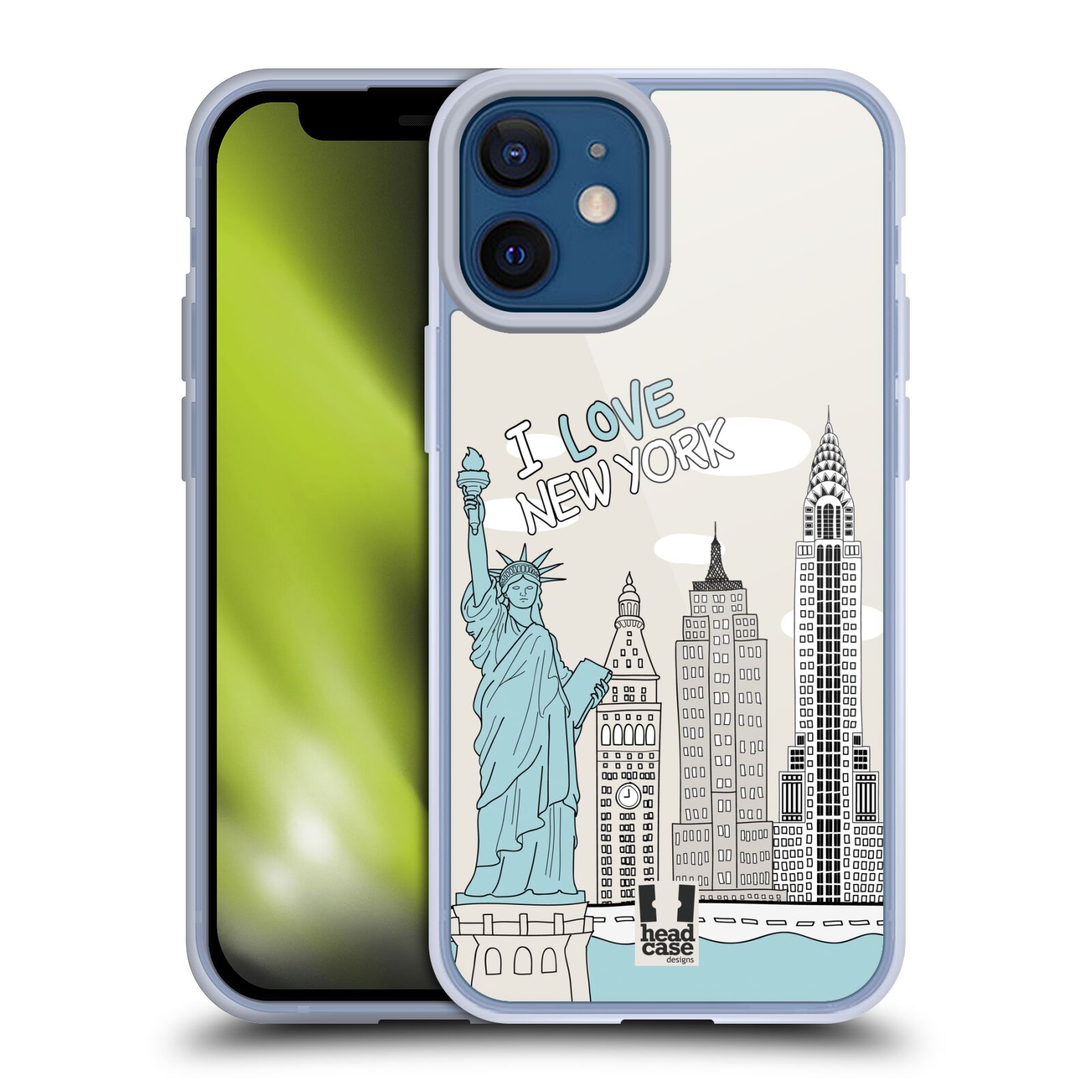 Plastový obal na mobil Apple Iphone 12 MINI vzor Kreslená městečka MODRÁ, USA, New York, I LOVE NEW YORK