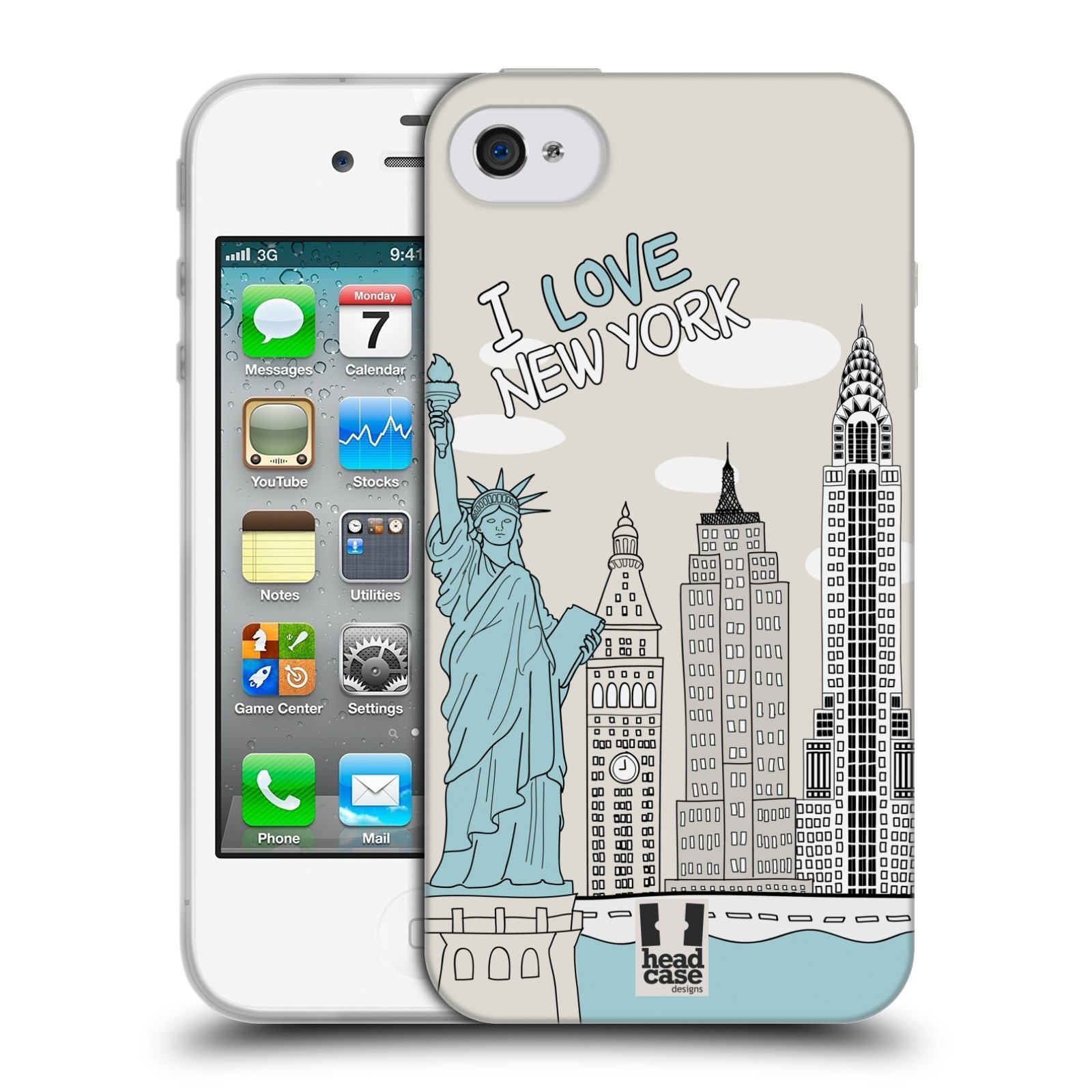 HEAD CASE silikonový obal na mobil Apple Iphone 4/4S vzor Kreslená městečka MODRÁ, USA, New York, I LOVE NEW YORK