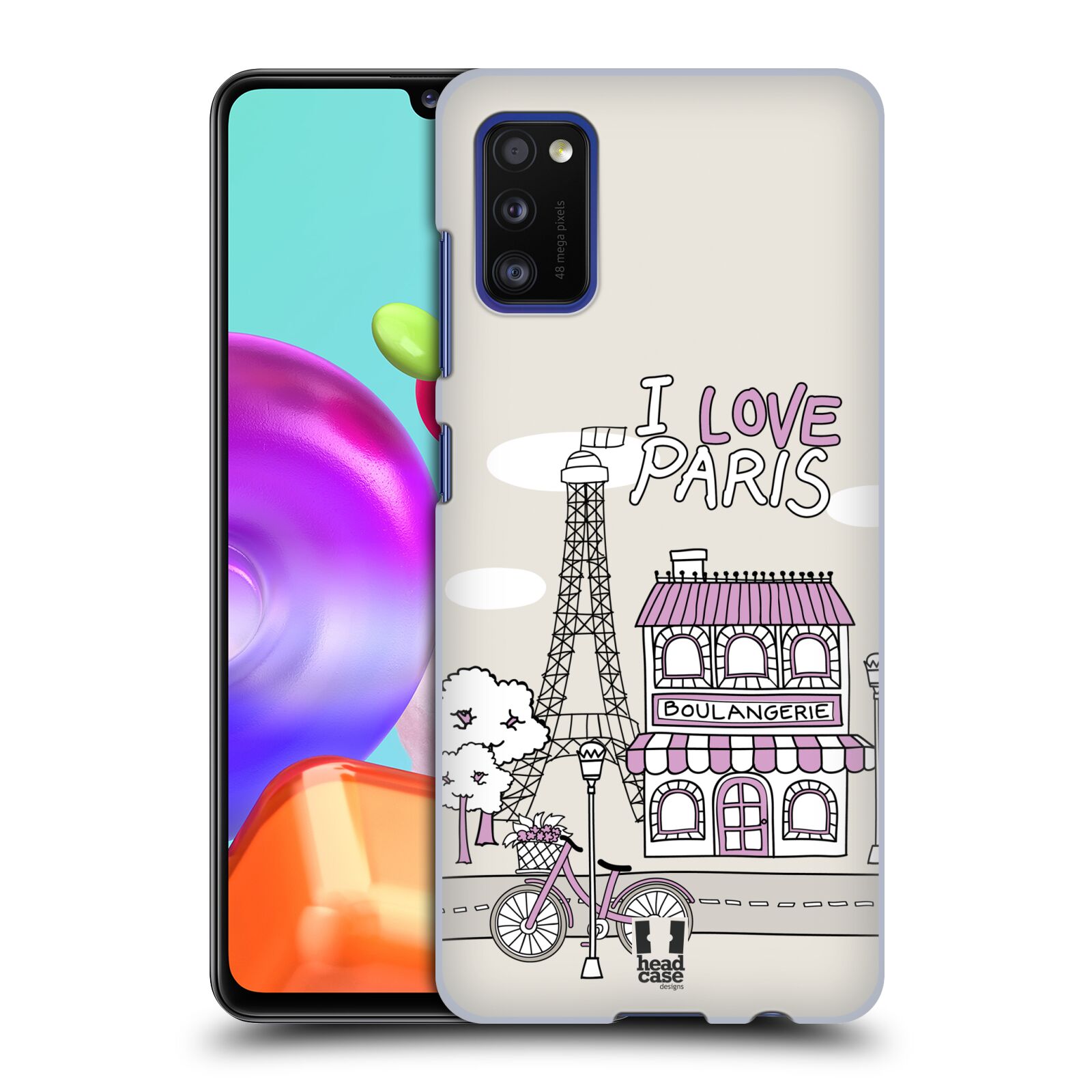 Zadní kryt na mobil Samsung Galaxy A41 vzor Kreslená městečka FIALOVÁ, Paříž, Francie, I LOVE PARIS