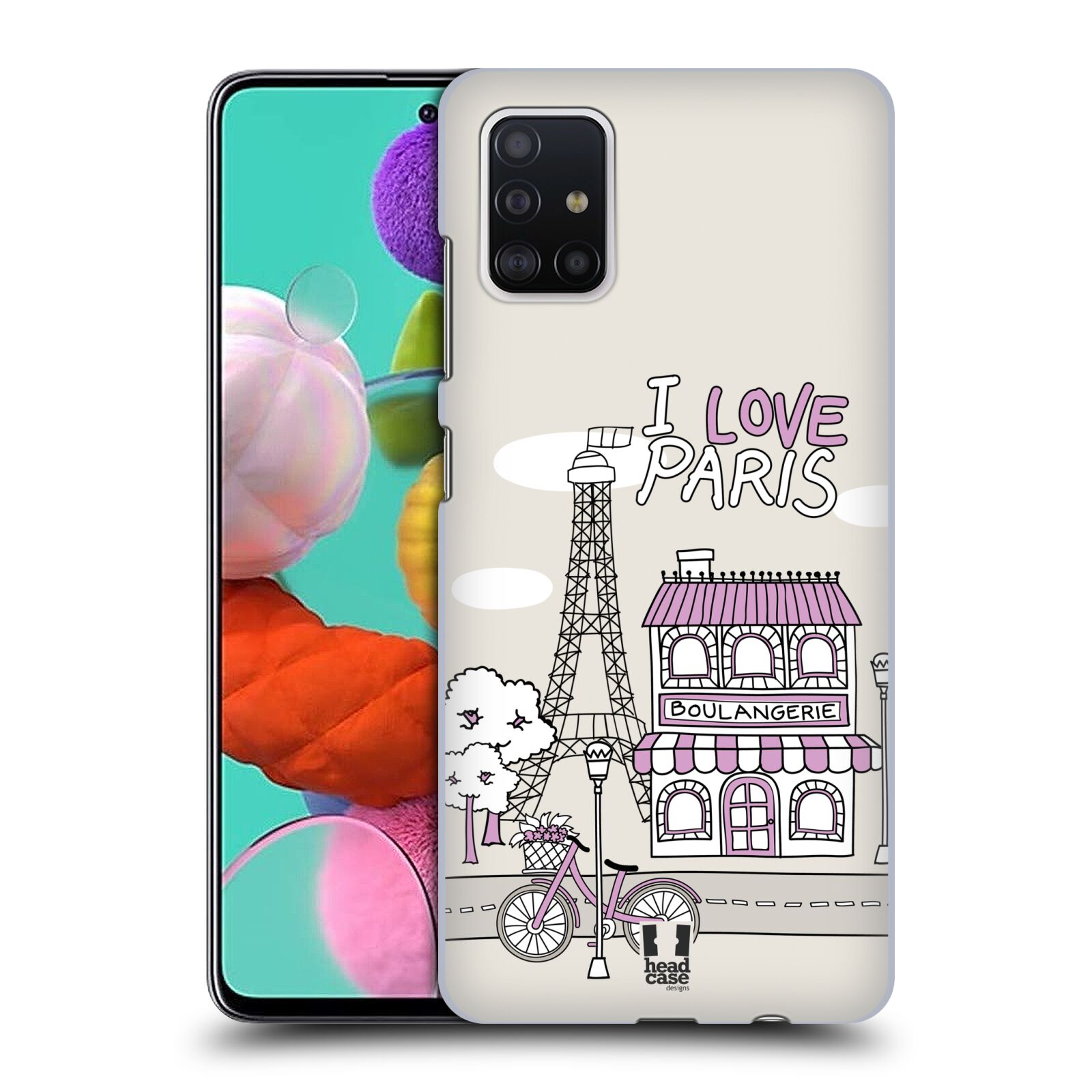 Pouzdro na mobil Samsung Galaxy A51 - HEAD CASE - vzor Kreslená městečka FIALOVÁ, Paříž, Francie, I LOVE PARIS