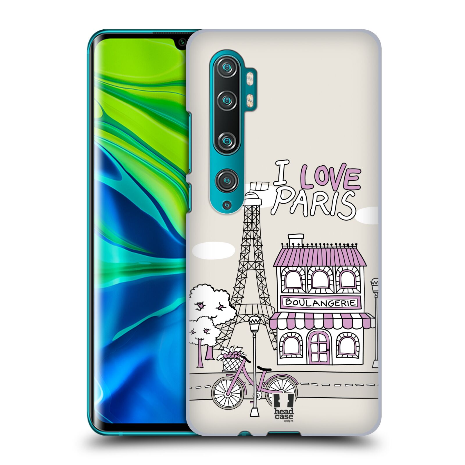 Pouzdro na mobil Xiaomi Mi Note 10 / Mi Note 10 PRO - HEAD CASE - vzor Kreslená městečka FIALOVÁ, Paříž, Francie, I LOVE PARIS