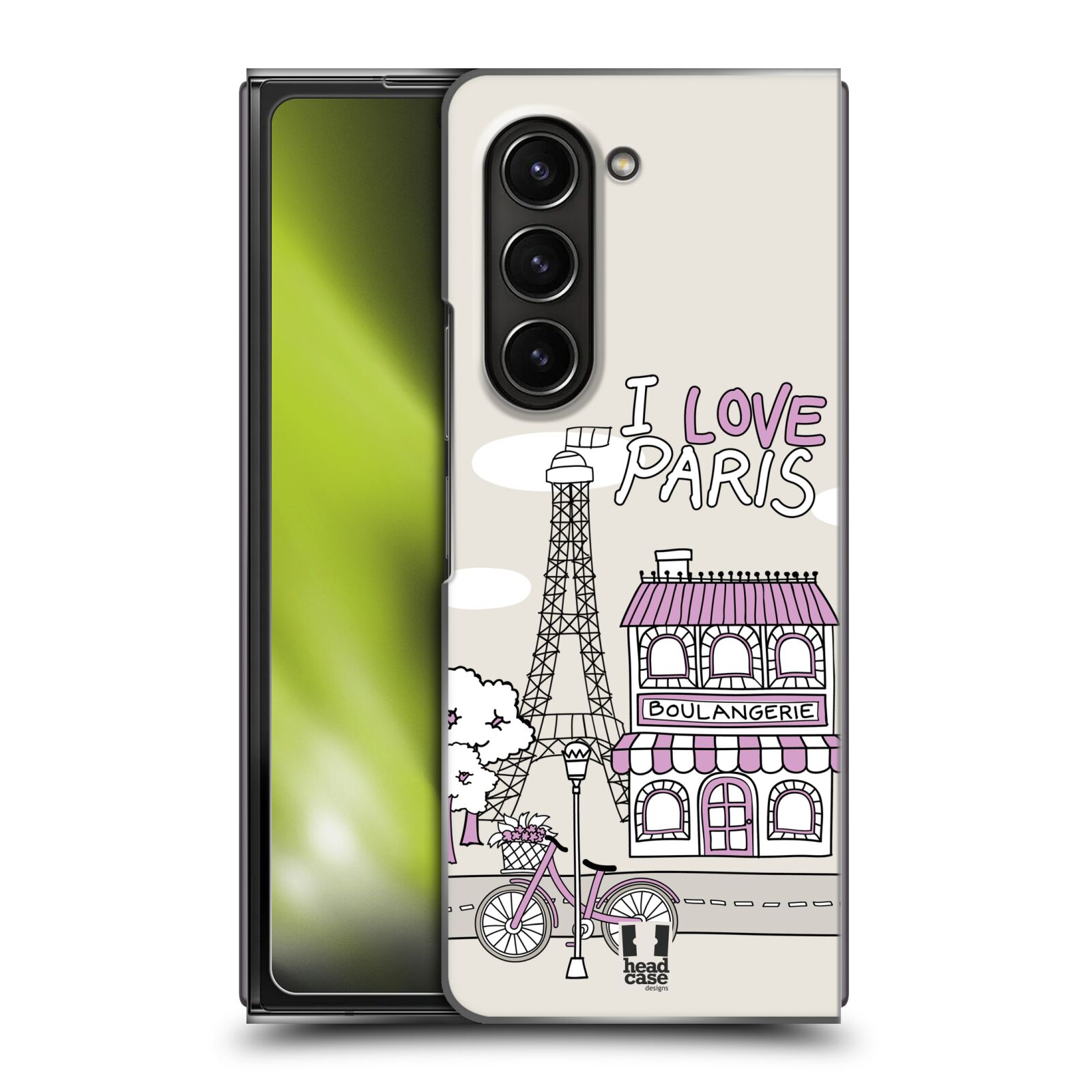 Plastový obal HEAD CASE na mobil Samsung Galaxy Z Fold 5 vzor Kreslená městečka FIALOVÁ, Paříž, Francie, I LOVE PARIS