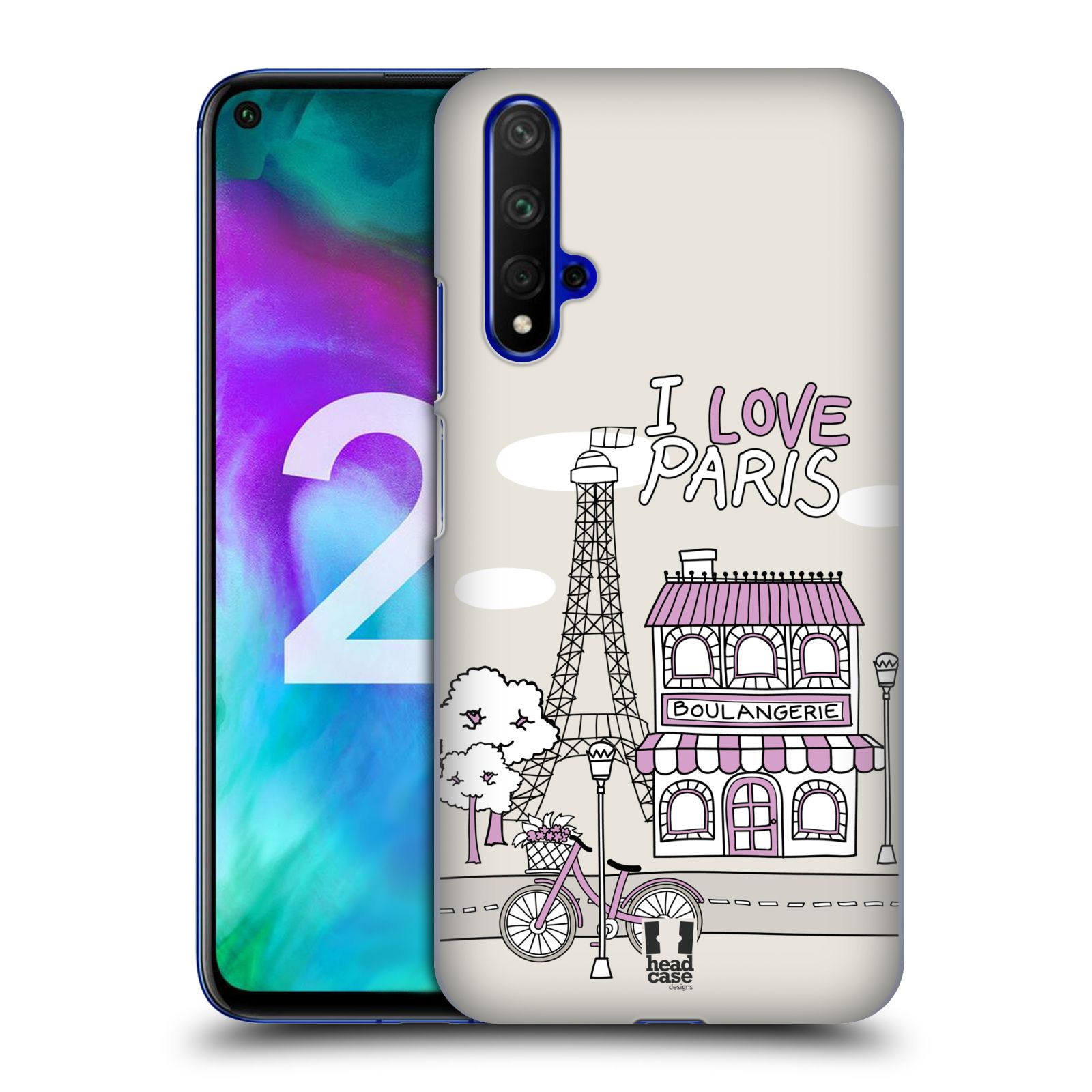 Pouzdro na mobil Honor 20 - HEAD CASE - vzor Kreslená městečka FIALOVÁ, Paříž, Francie, I LOVE PARIS