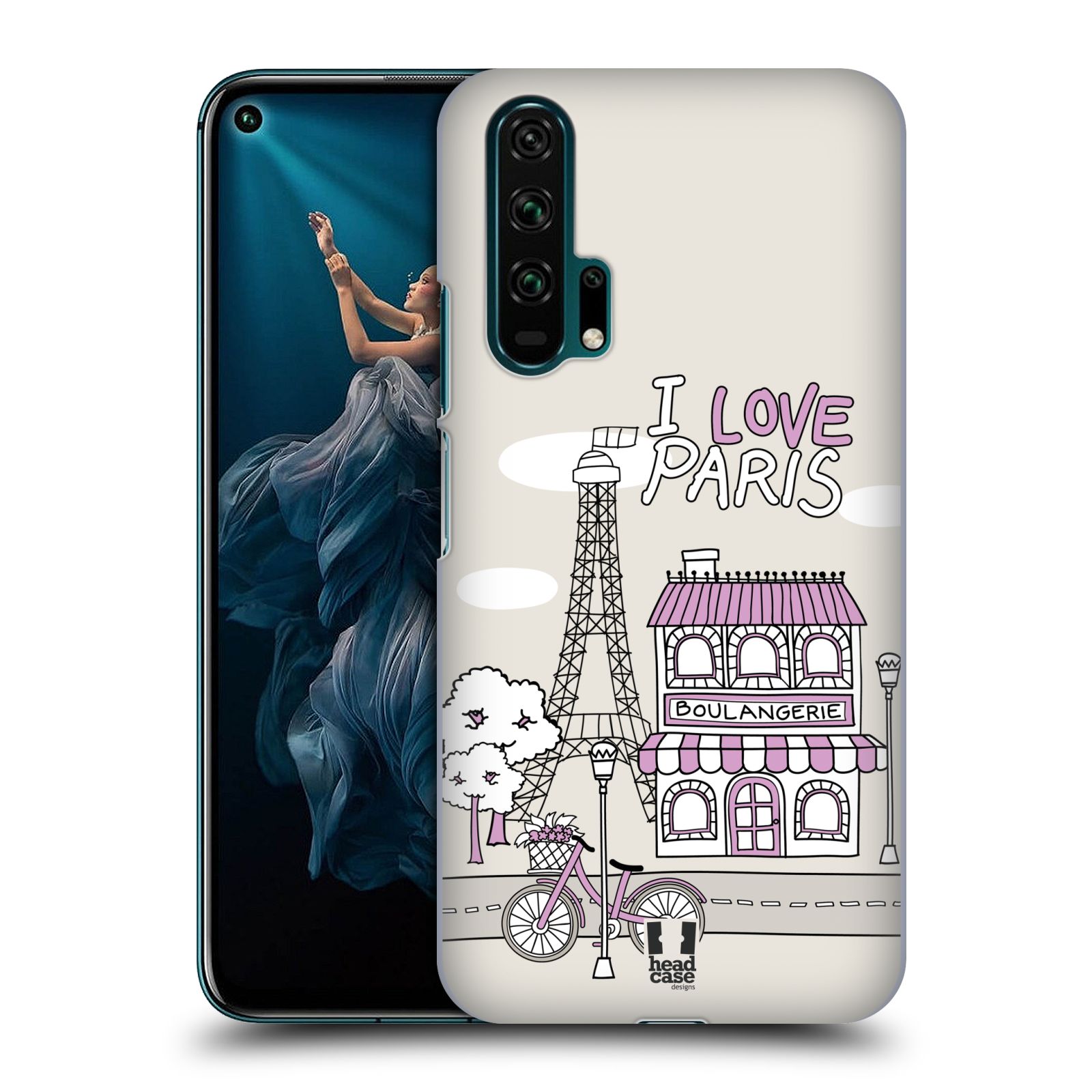 Pouzdro na mobil Honor 20 PRO - HEAD CASE - vzor Kreslená městečka FIALOVÁ, Paříž, Francie, I LOVE PARIS