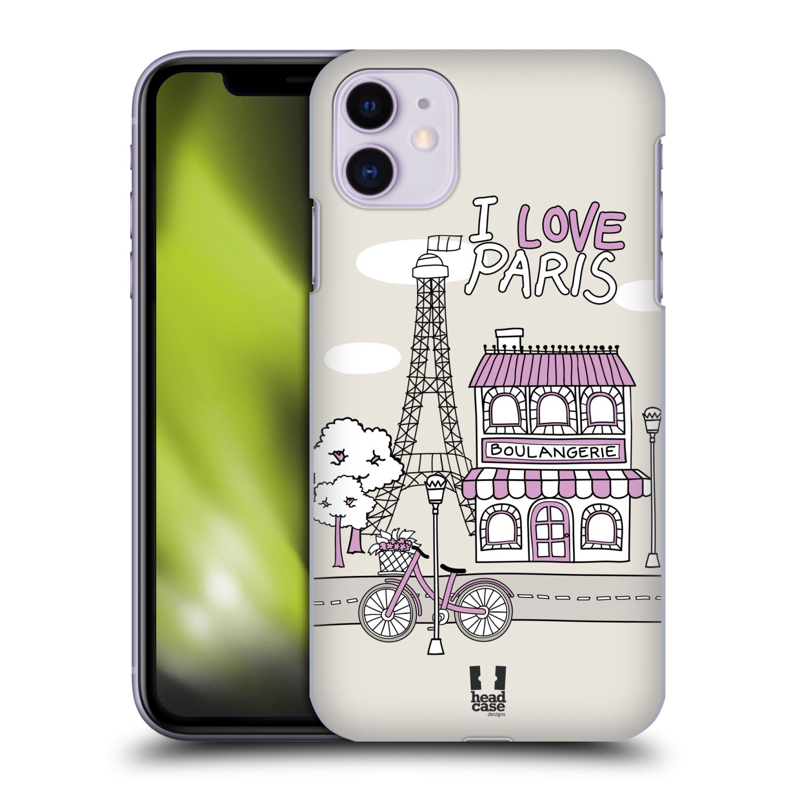 Pouzdro na mobil Apple Iphone 11 - HEAD CASE - vzor Kreslená městečka FIALOVÁ, Paříž, Francie, I LOVE PARIS