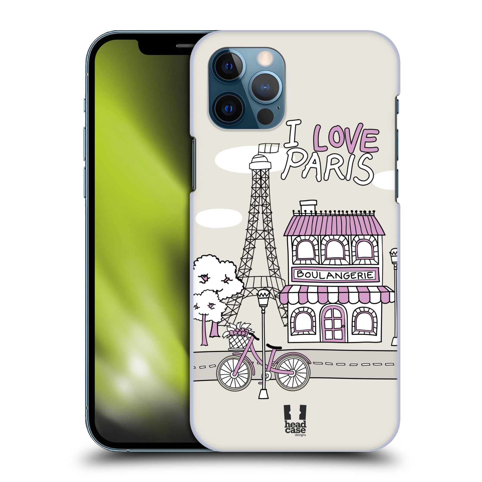HEAD CASE plastový obal na mobil Apple Iphone 12 / Iphone 12 PRO vzor Kreslená městečka FIALOVÁ, Paříž, Francie, I LOVE PARIS