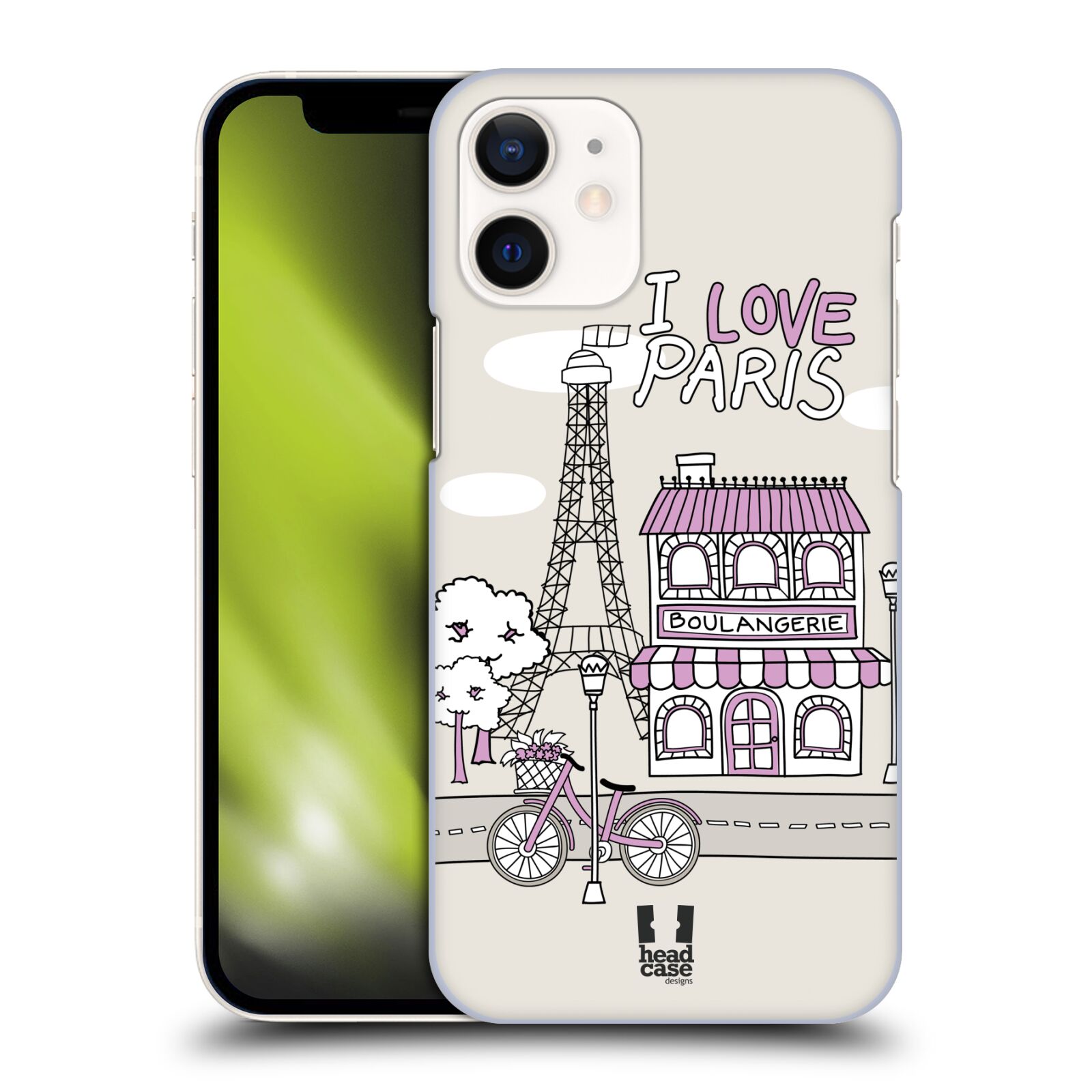 Plastový obal na mobil Apple Iphone 12 MINI vzor Kreslená městečka FIALOVÁ, Paříž, Francie, I LOVE PARIS