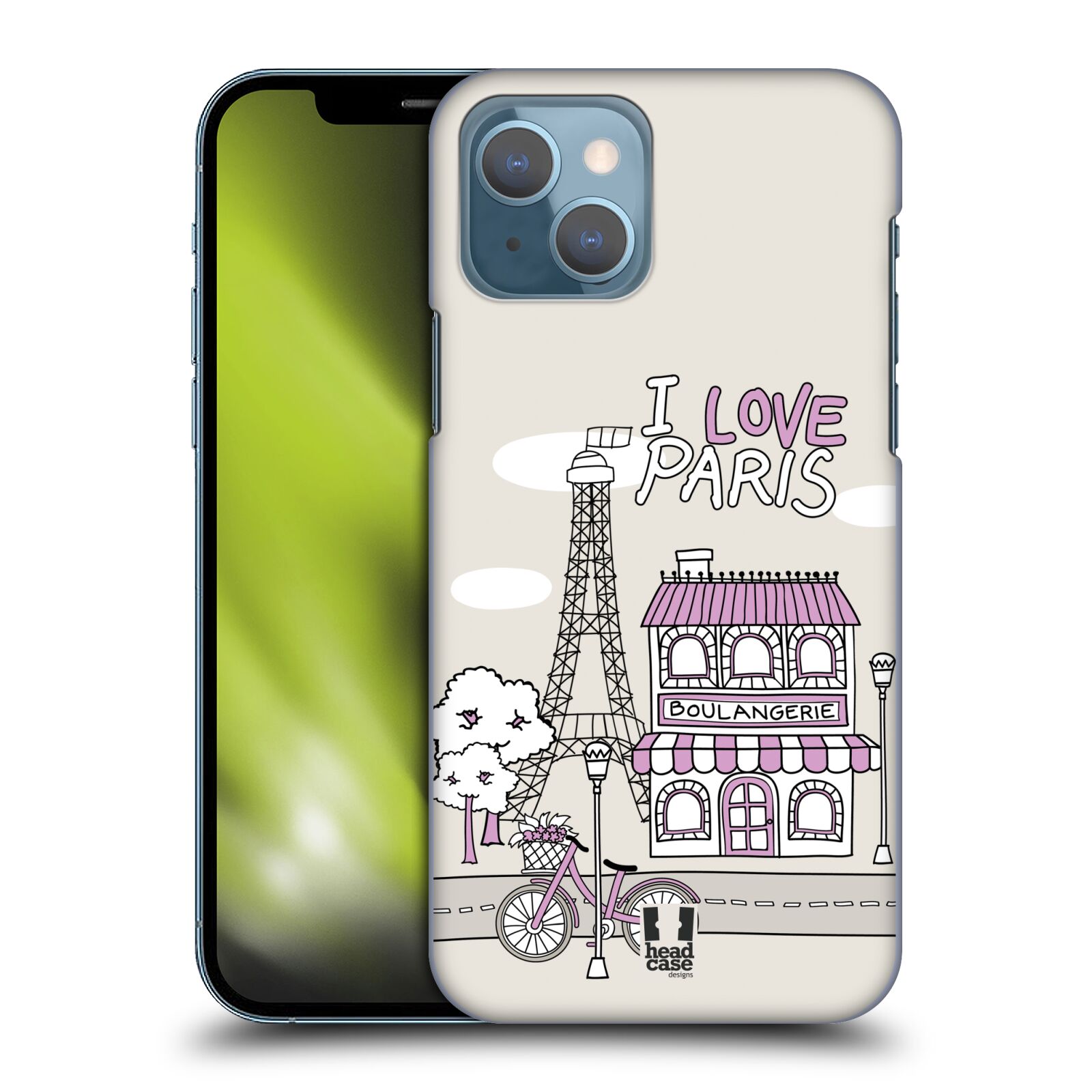 Plastový obal HEAD CASE na mobil Apple Iphone 13 vzor Kreslená městečka FIALOVÁ, Paříž, Francie, I LOVE PARIS