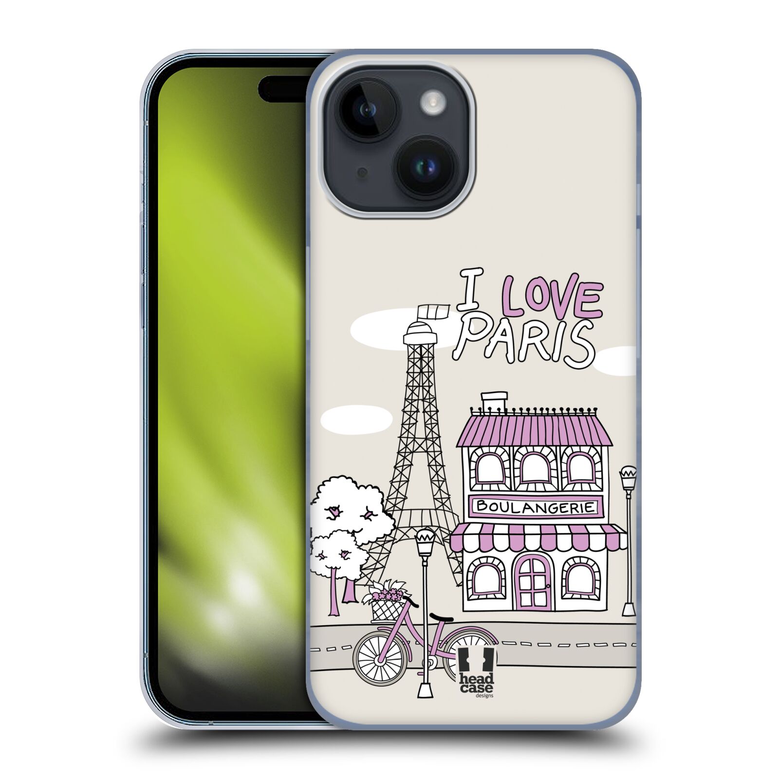 Plastový obal HEAD CASE na mobil Apple Iphone 15 vzor Kreslená městečka FIALOVÁ, Paříž, Francie, I LOVE PARIS