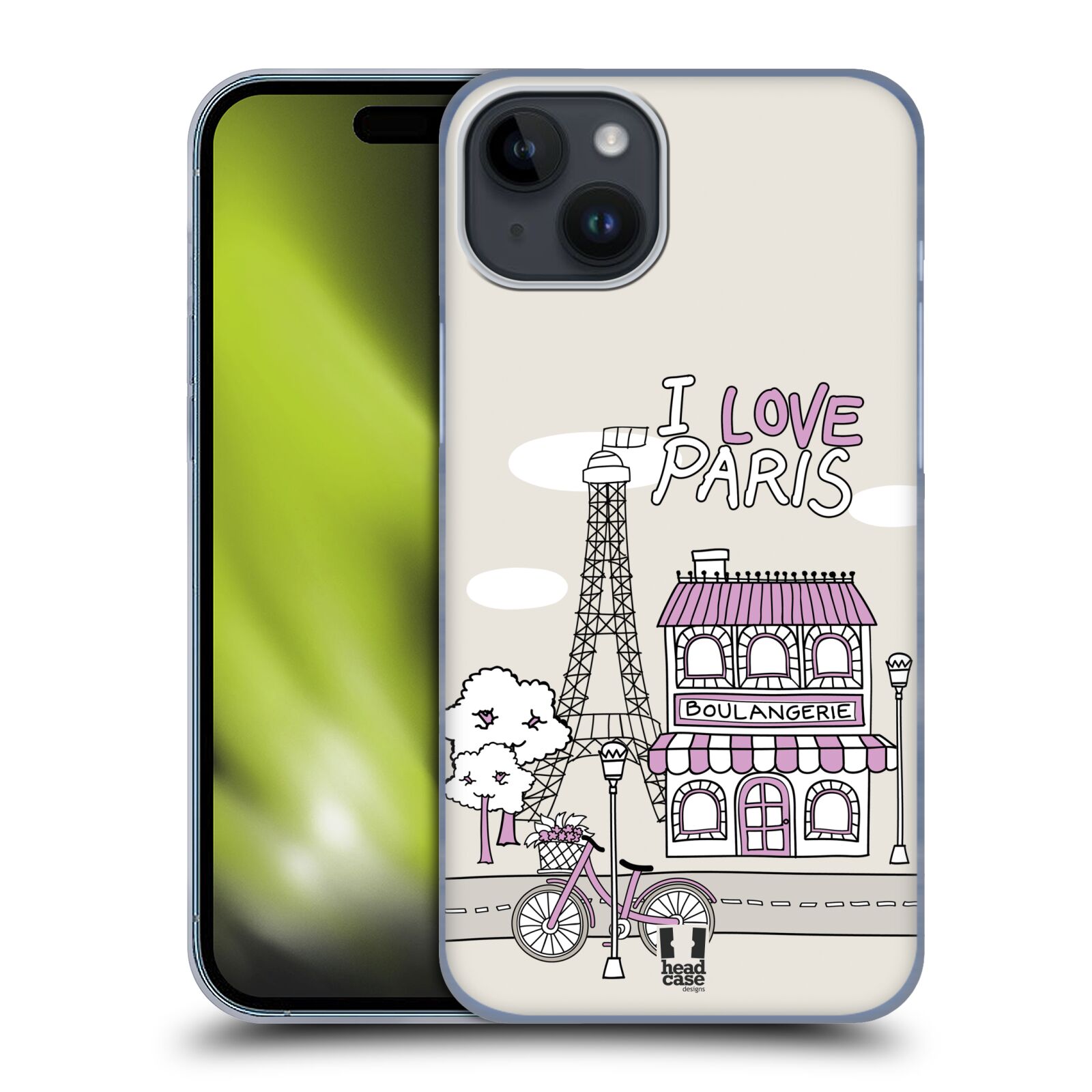 Plastový obal HEAD CASE na mobil Apple Iphone 15 PLUS vzor Kreslená městečka FIALOVÁ, Paříž, Francie, I LOVE PARIS