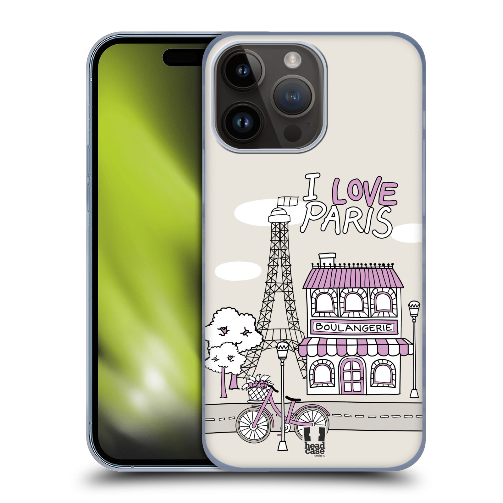 Plastový obal HEAD CASE na mobil Apple Iphone 15 PRO MAX vzor Kreslená městečka FIALOVÁ, Paříž, Francie, I LOVE PARIS