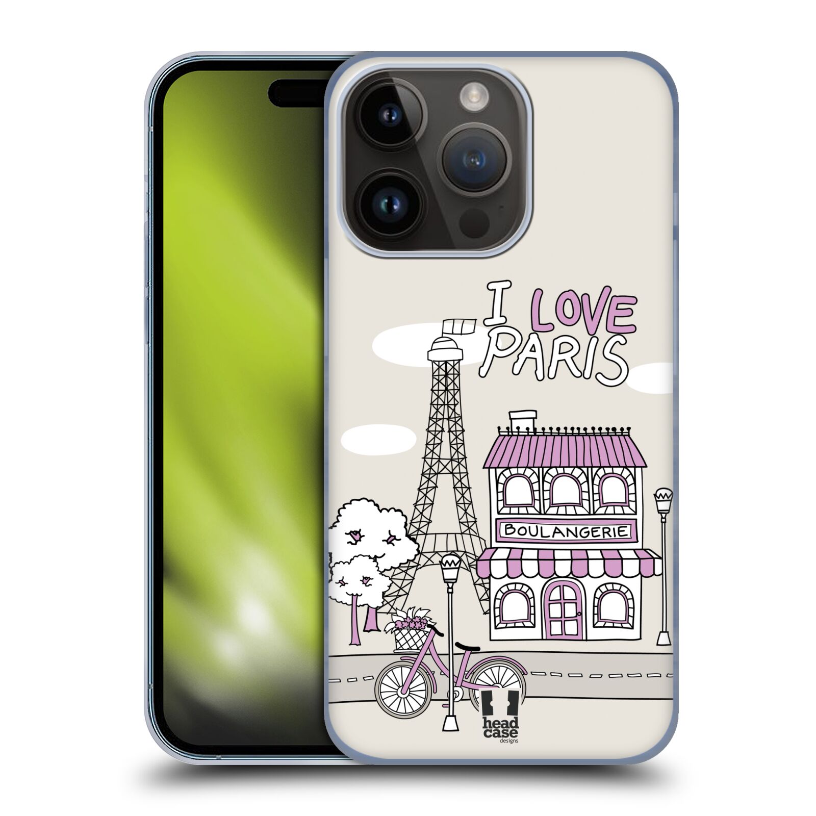 Plastový obal HEAD CASE na mobil Apple Iphone 15 Pro vzor Kreslená městečka FIALOVÁ, Paříž, Francie, I LOVE PARIS