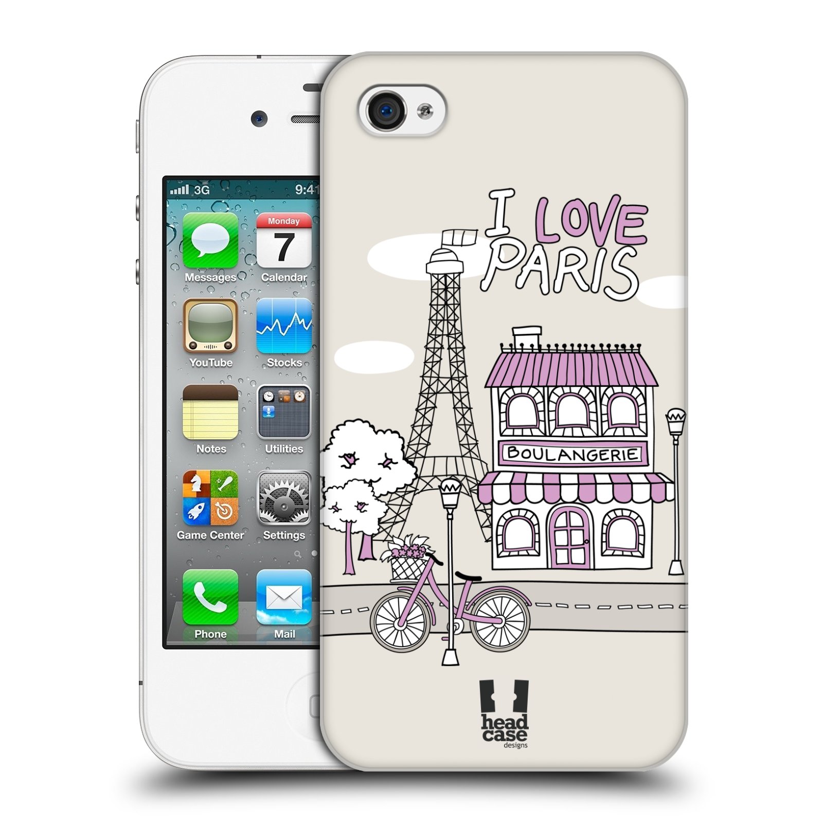 HEAD CASE plastový obal na mobil Apple Iphone 4/4S vzor Kreslená městečka FIALOVÁ, Paříž, Francie, I LOVE PARIS