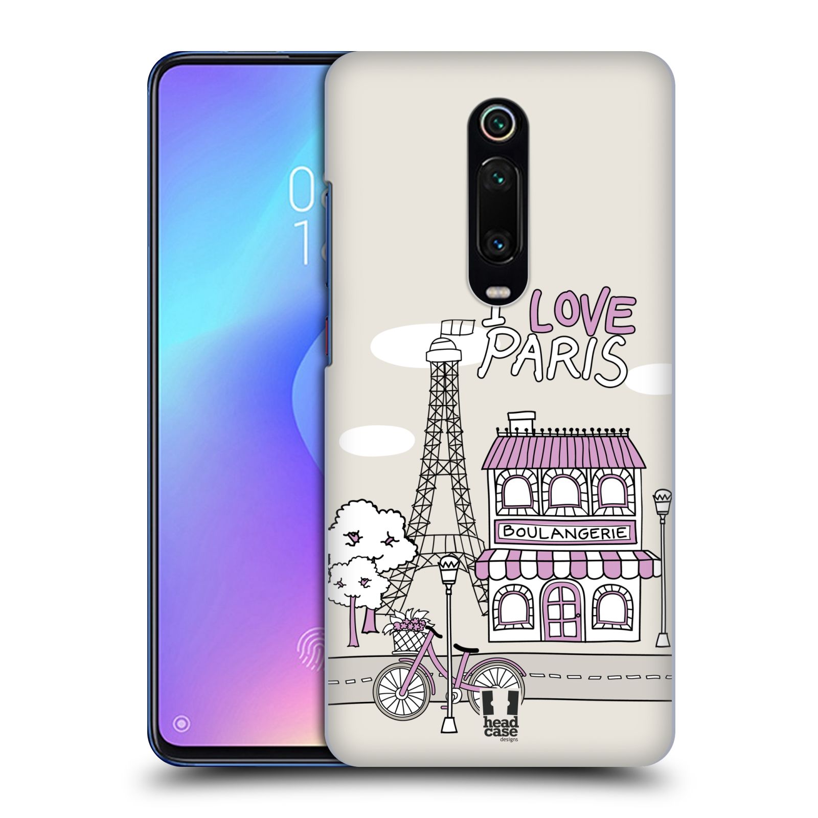 Plastový obal HEAD CASE na mobil Xiaomi Mi 9T vzor Kreslená městečka FIALOVÁ, Paříž, Francie, I LOVE PARIS