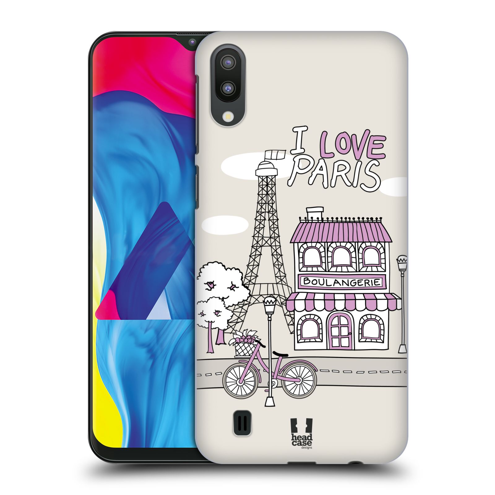 Plastový obal HEAD CASE na mobil Samsung Galaxy M10 vzor Kreslená městečka FIALOVÁ, Paříž, Francie, I LOVE PARIS