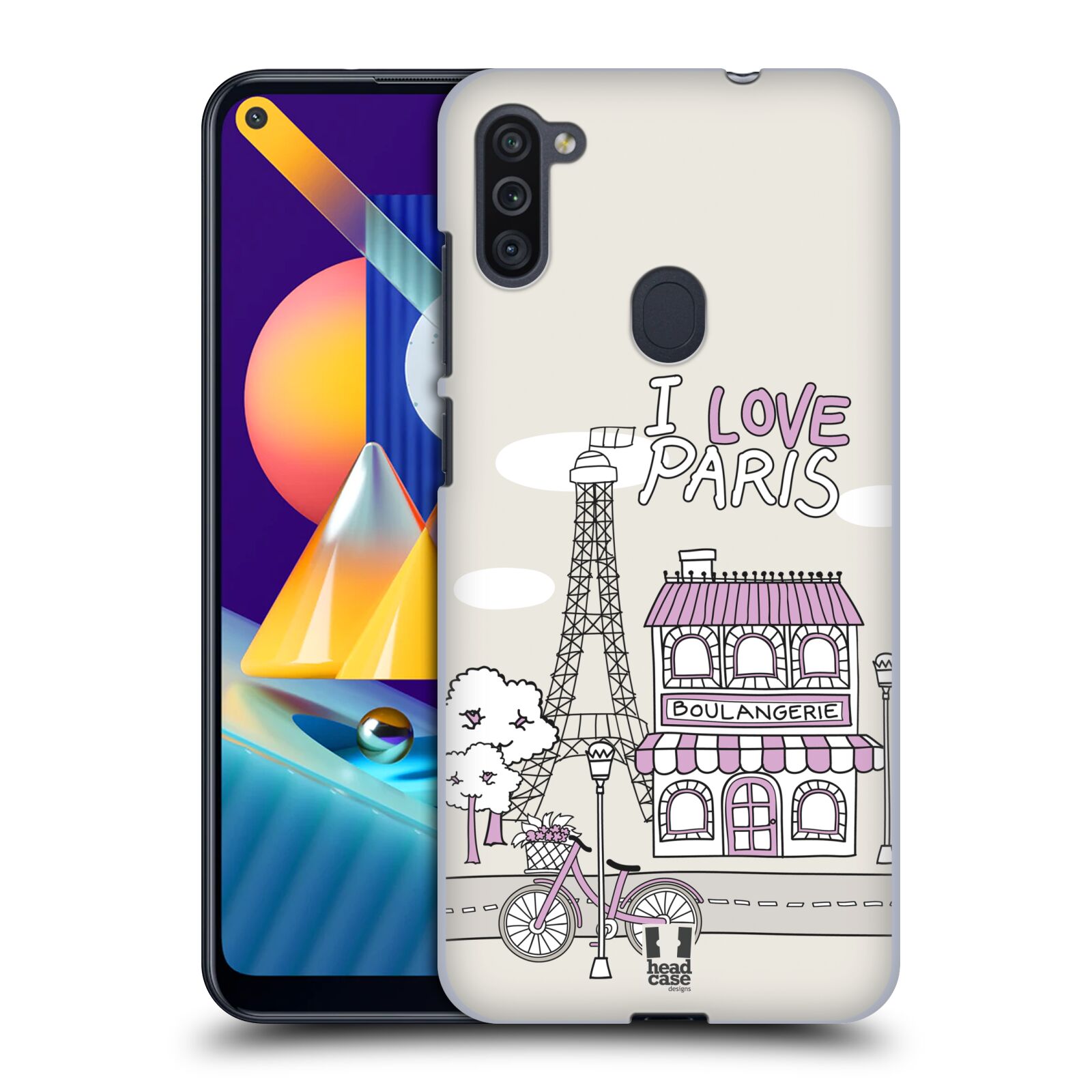 Plastový obal HEAD CASE na mobil Samsung Galaxy M11 vzor Kreslená městečka FIALOVÁ, Paříž, Francie, I LOVE PARIS