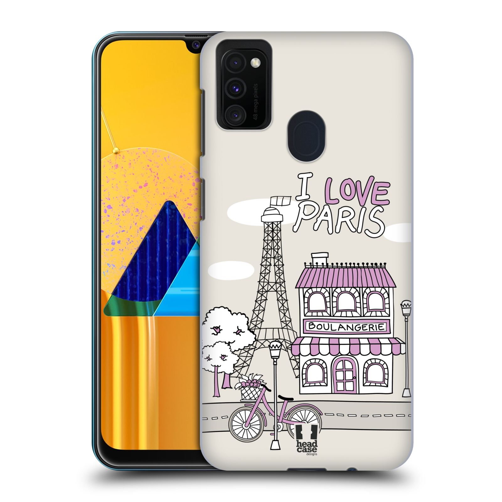 Zadní kryt na mobil Samsung Galaxy M21 vzor Kreslená městečka FIALOVÁ, Paříž, Francie, I LOVE PARIS