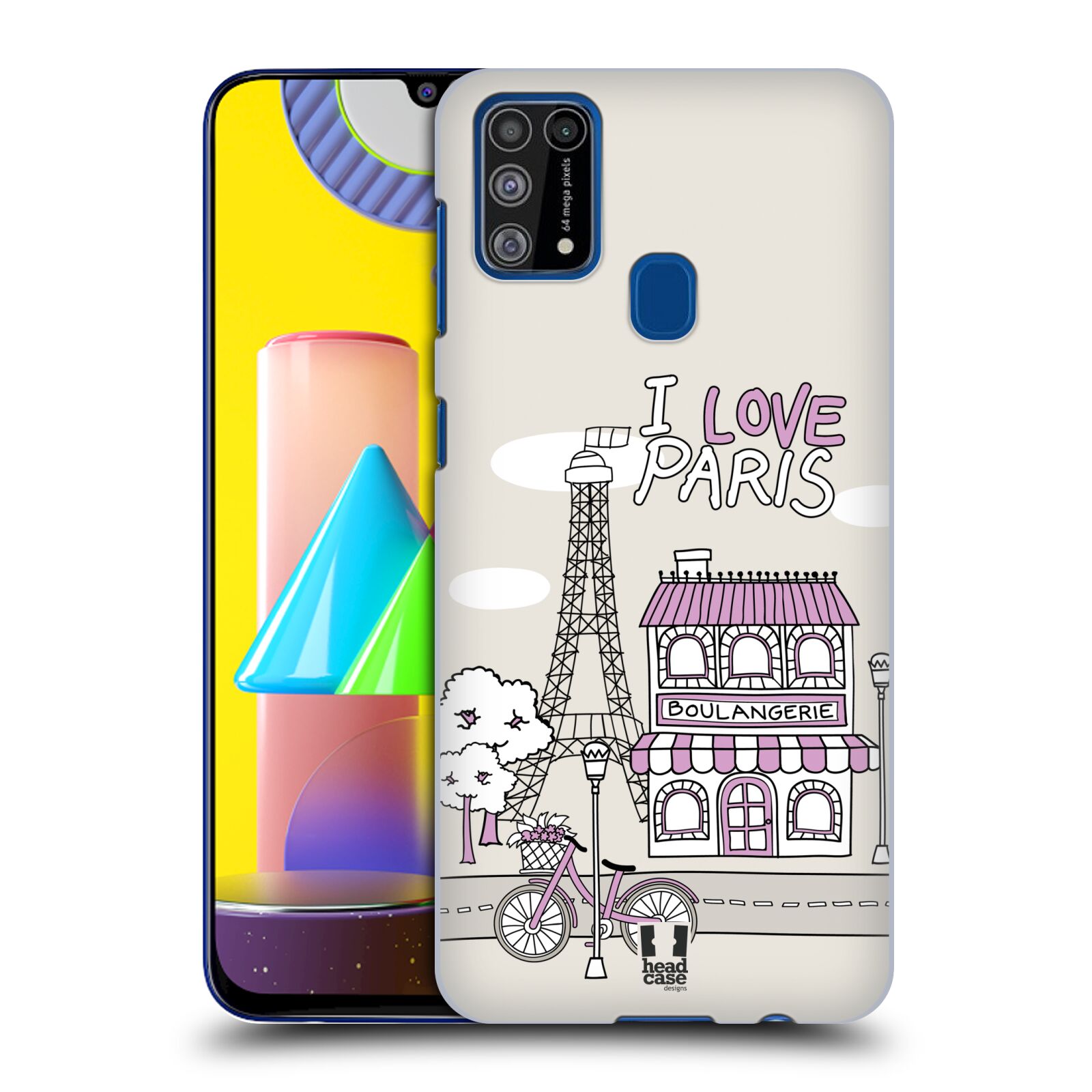 Plastový obal HEAD CASE na mobil Samsung Galaxy M31 vzor Kreslená městečka FIALOVÁ, Paříž, Francie, I LOVE PARIS