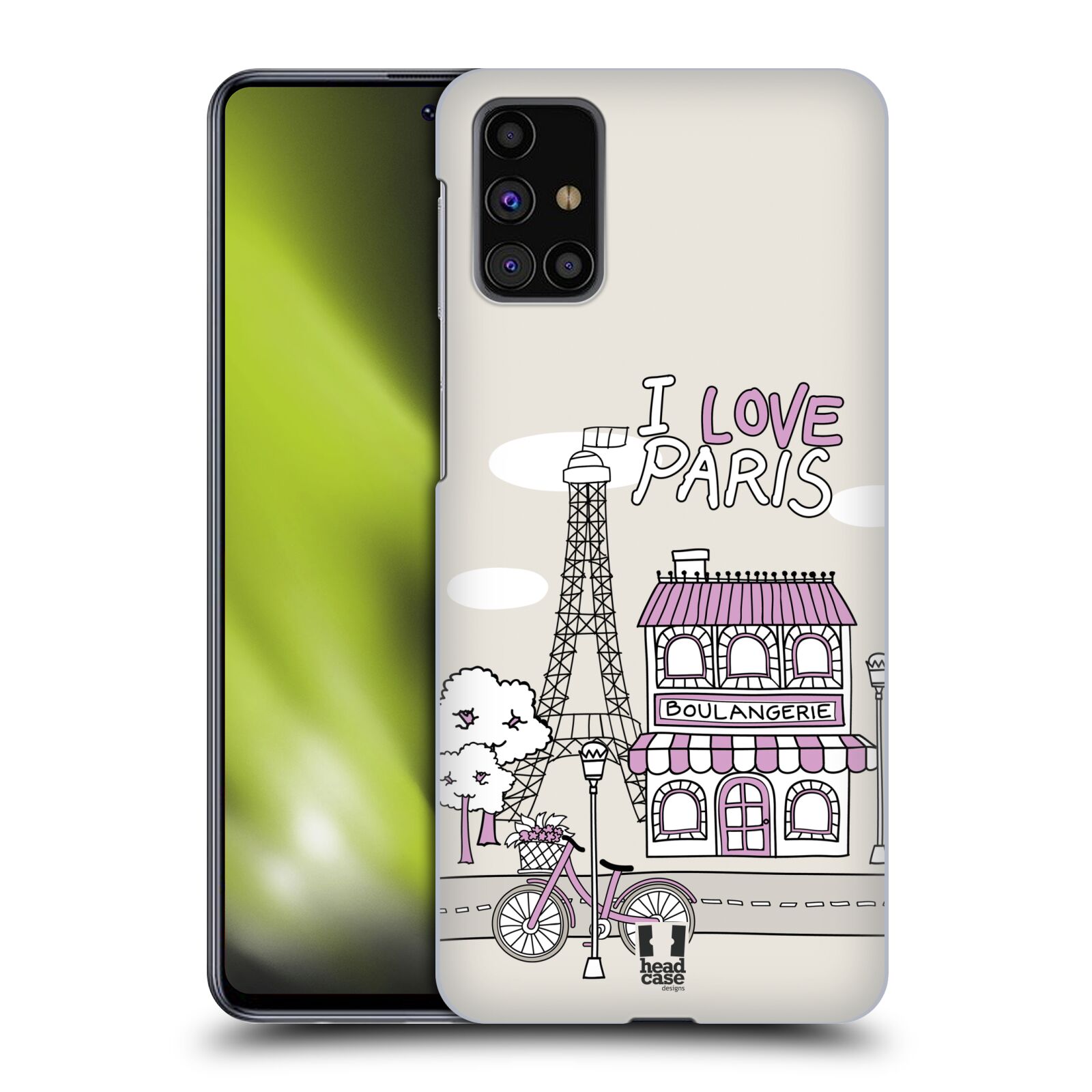 Plastový obal HEAD CASE na mobil Samsung Galaxy M31s vzor Kreslená městečka FIALOVÁ, Paříž, Francie, I LOVE PARIS