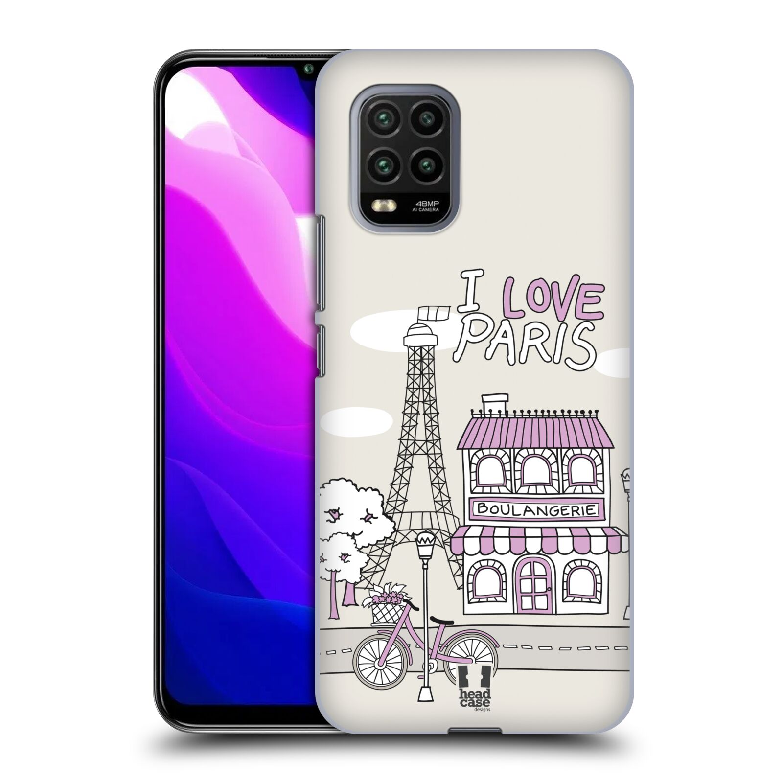 Zadní kryt, obal na mobil Xiaomi Mi 10 LITE vzor Kreslená městečka FIALOVÁ, Paříž, Francie, I LOVE PARIS