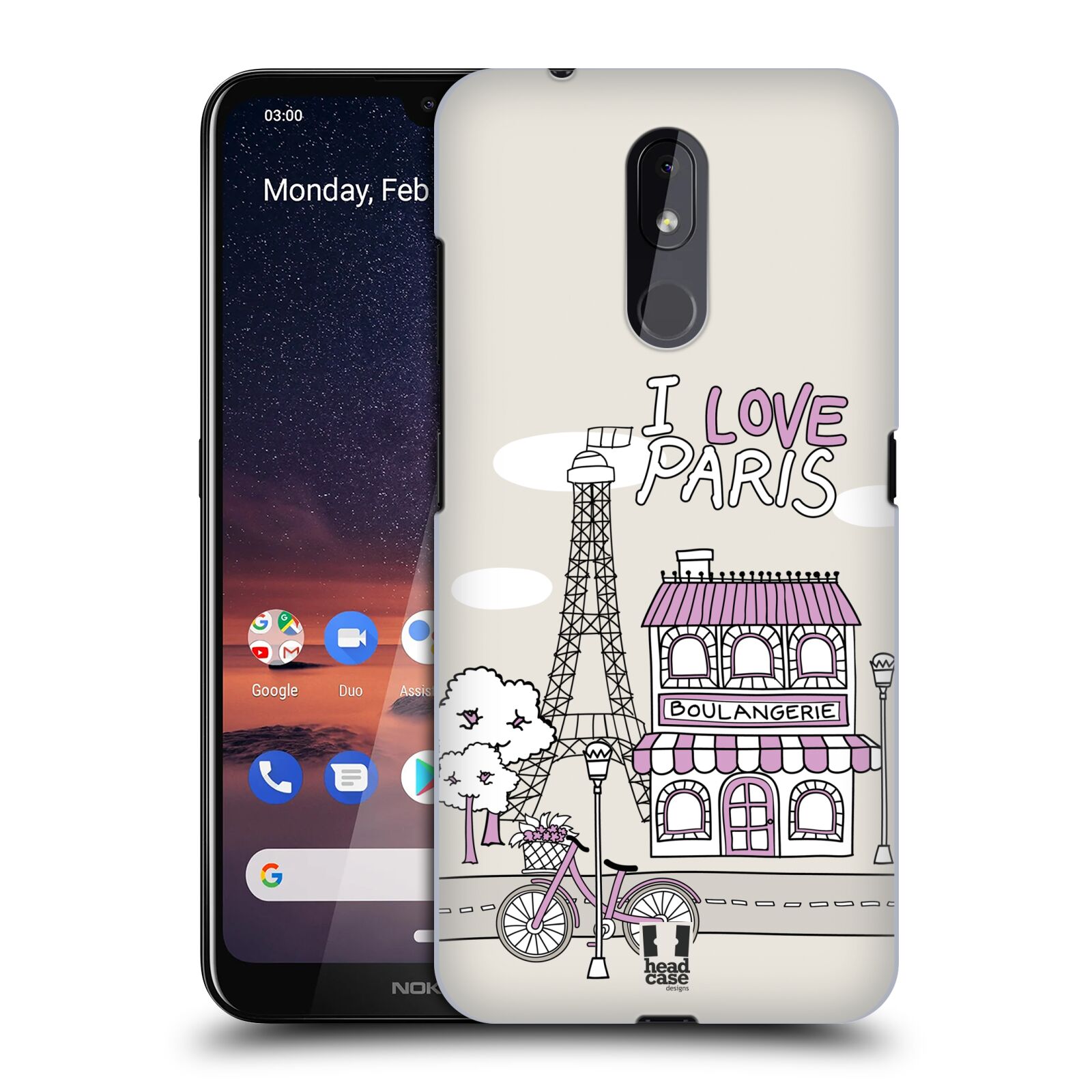 Pouzdro na mobil Nokia 3.2 - HEAD CASE - vzor Kreslená městečka FIALOVÁ, Paříž, Francie, I LOVE PARIS