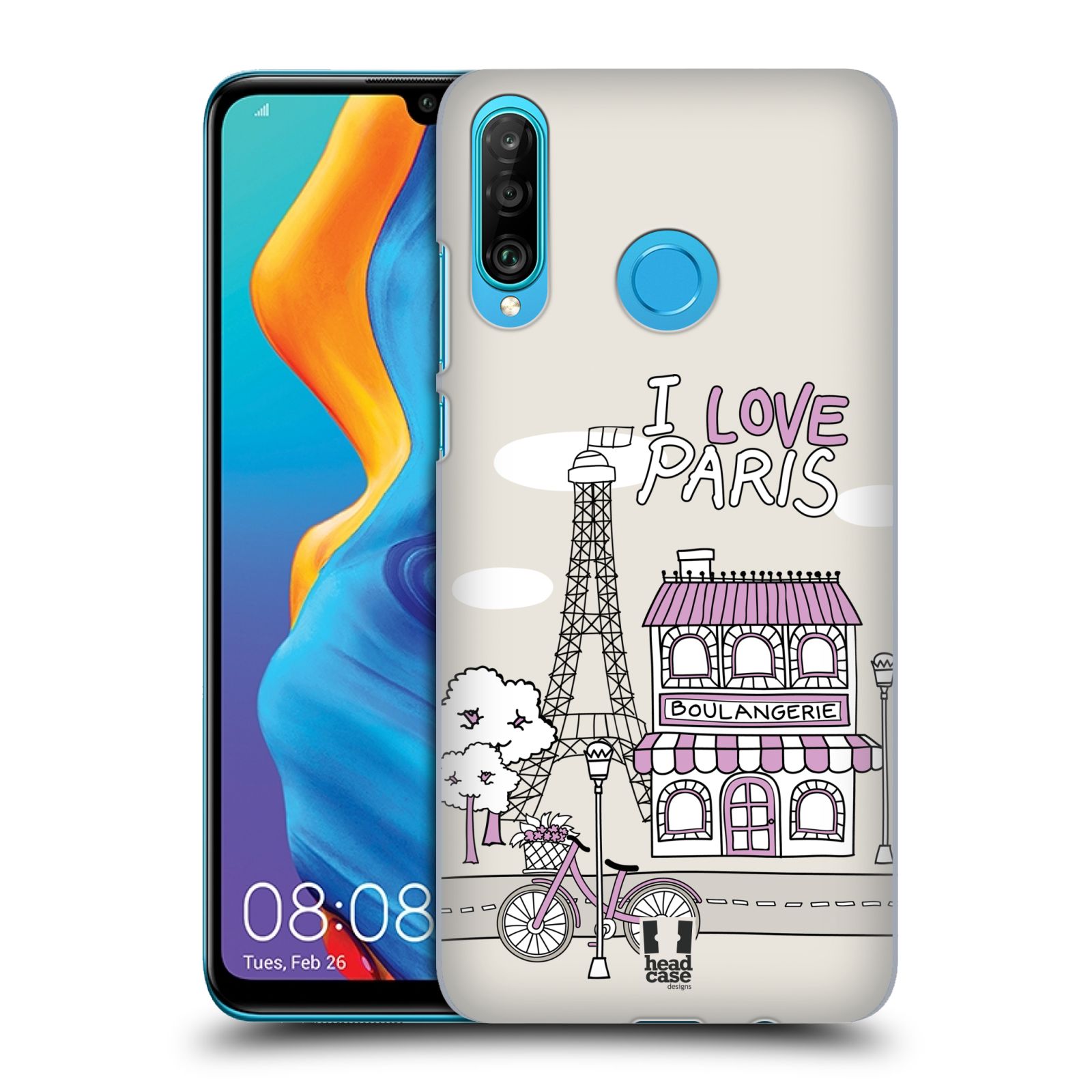 Pouzdro na mobil Huawei P30 LITE - HEAD CASE - vzor Kreslená městečka FIALOVÁ, Paříž, Francie, I LOVE PARIS
