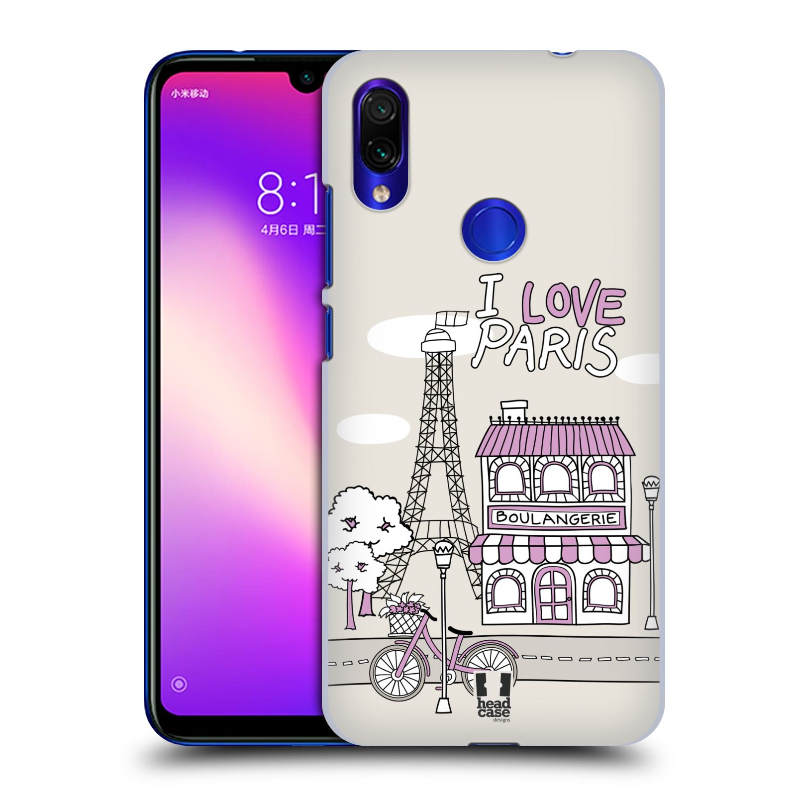 Pouzdro na mobil Xiaomi Redmi Note 7 - Head Case - vzor Kreslená městečka FIALOVÁ, Paříž, Francie, I LOVE PARIS