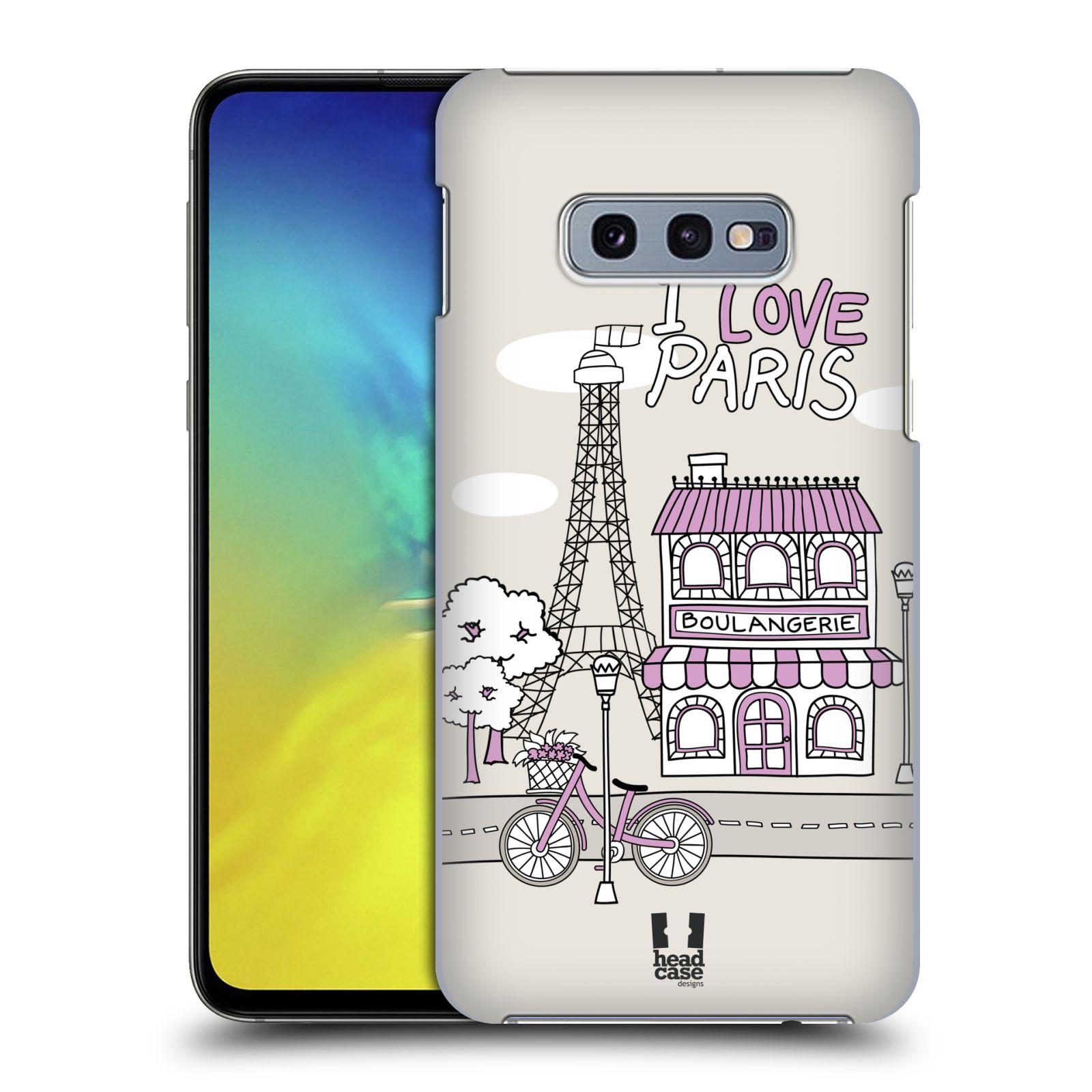 Pouzdro na mobil Samsung Galaxy S10e - HEAD CASE - vzor Kreslená městečka FIALOVÁ, Paříž, Francie, I LOVE PARIS