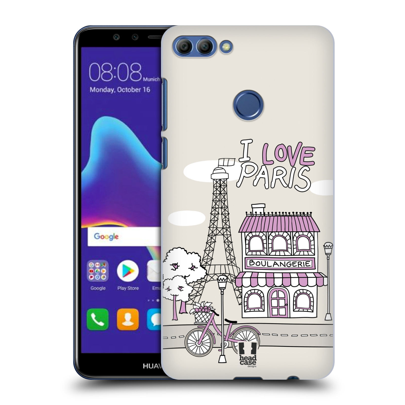 HEAD CASE plastový obal na mobil Huawei Y9 2018 vzor Kreslená městečka FIALOVÁ, Paříž, Francie, I LOVE PARIS