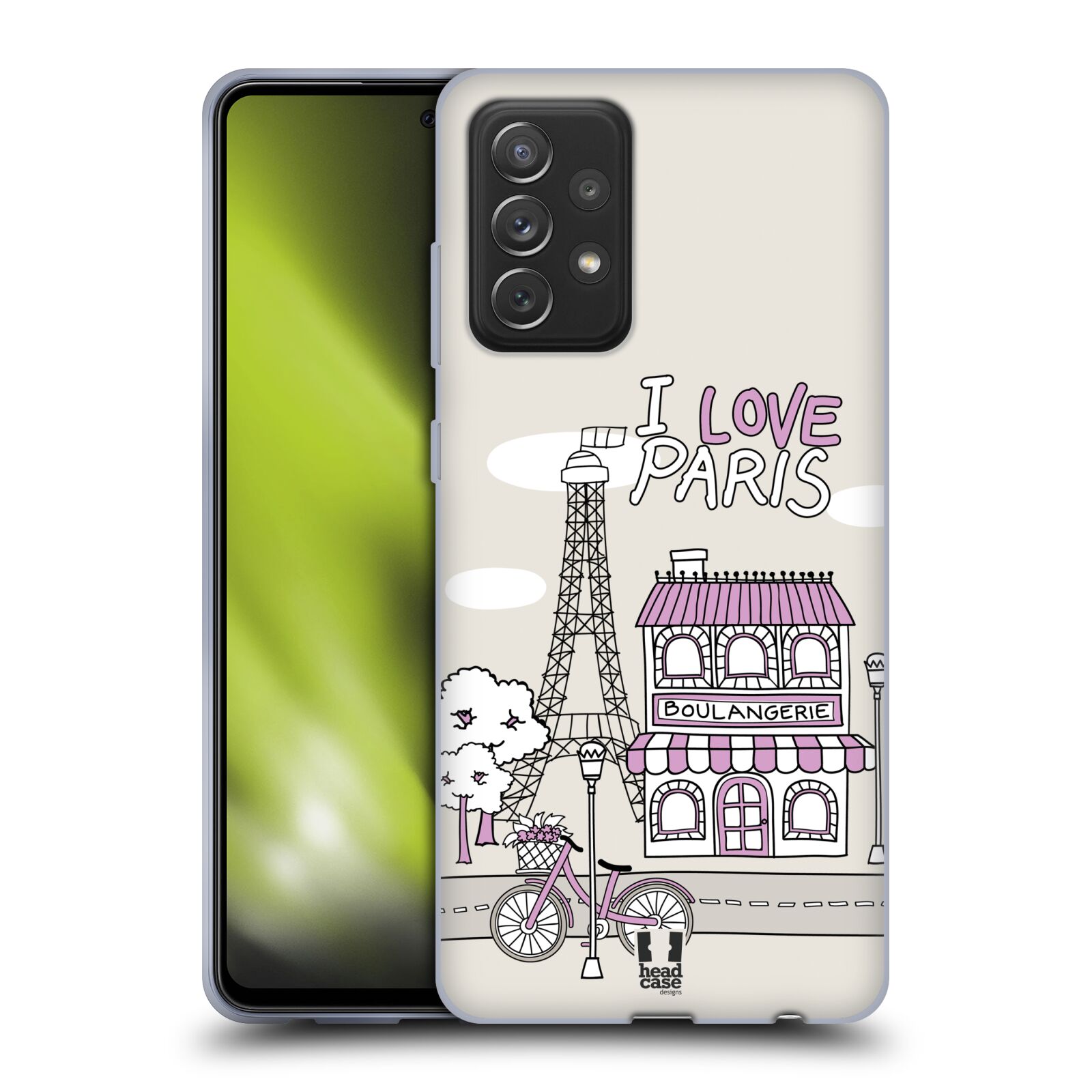Plastový obal HEAD CASE na mobil Samsung Galaxy A72 / A72 5G vzor Kreslená městečka FIALOVÁ, Paříž, Francie, I LOVE PARIS