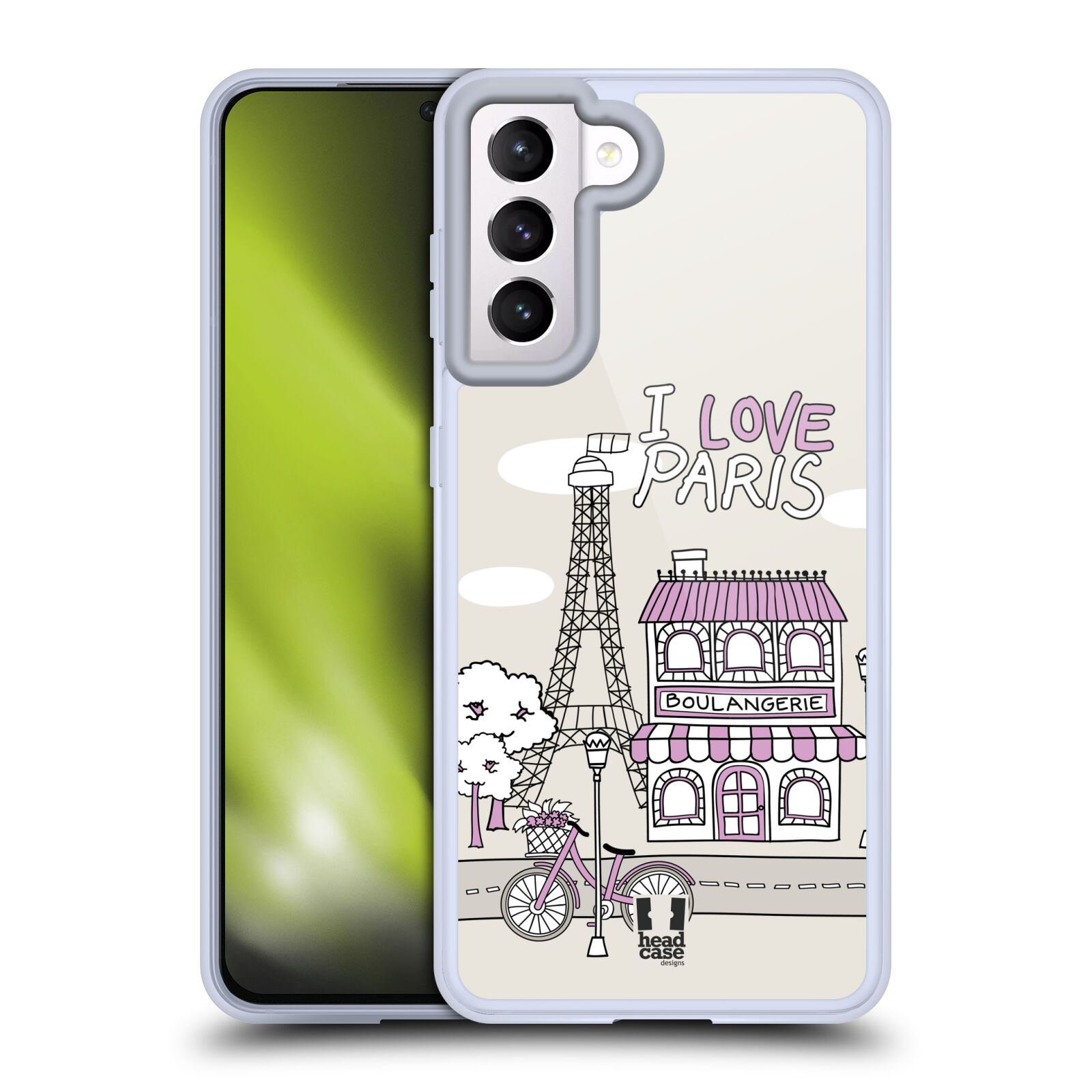 Plastový obal HEAD CASE na mobil Samsung Galaxy S21 5G vzor Kreslená městečka FIALOVÁ, Paříž, Francie, I LOVE PARIS