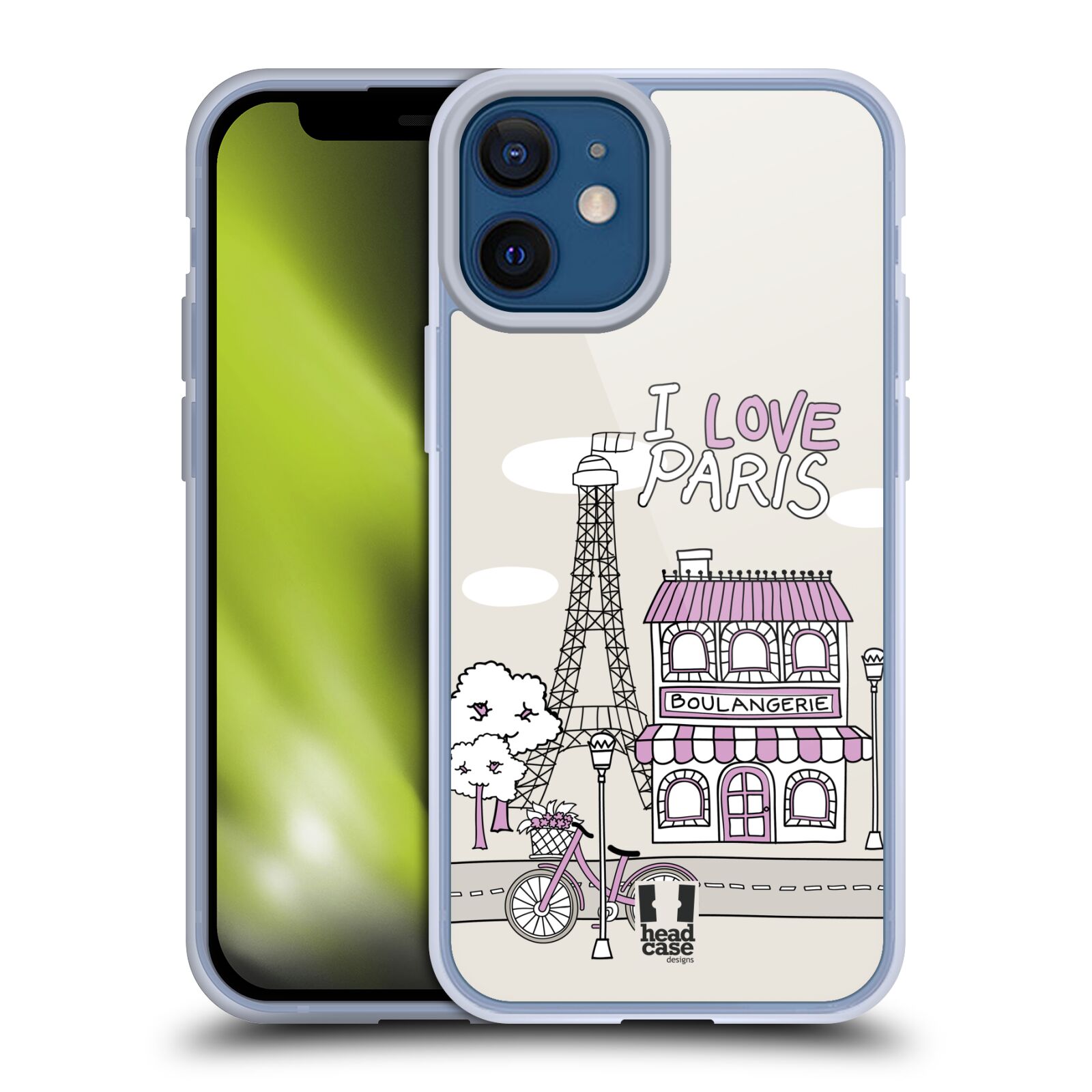 Plastový obal na mobil Apple Iphone 12 MINI vzor Kreslená městečka FIALOVÁ, Paříž, Francie, I LOVE PARIS