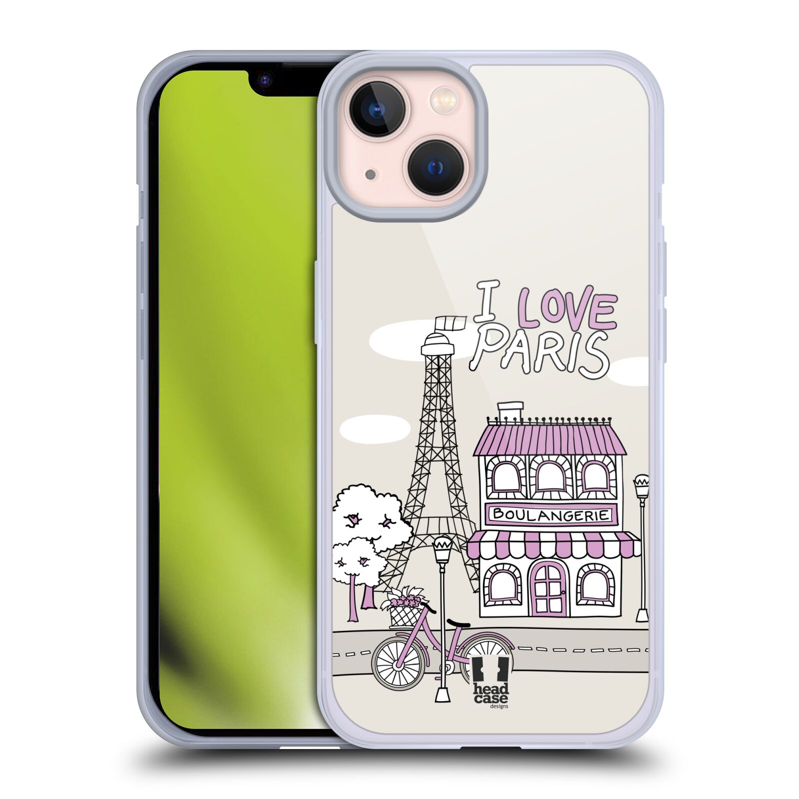 Plastový obal HEAD CASE na mobil Apple Iphone 13 vzor Kreslená městečka FIALOVÁ, Paříž, Francie, I LOVE PARIS