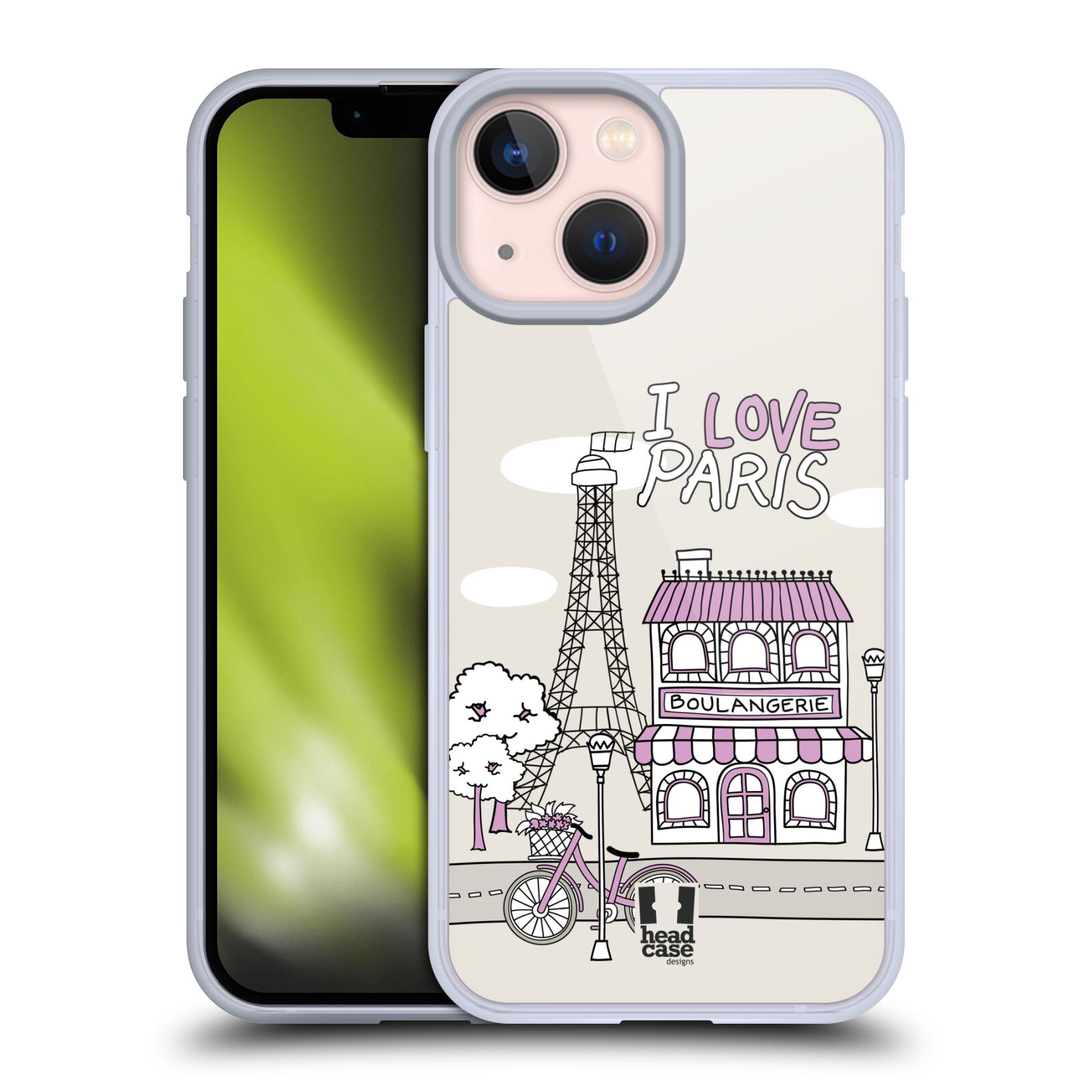 Plastový obal HEAD CASE na mobil Apple Iphone 13 MINI vzor Kreslená městečka FIALOVÁ, Paříž, Francie, I LOVE PARIS
