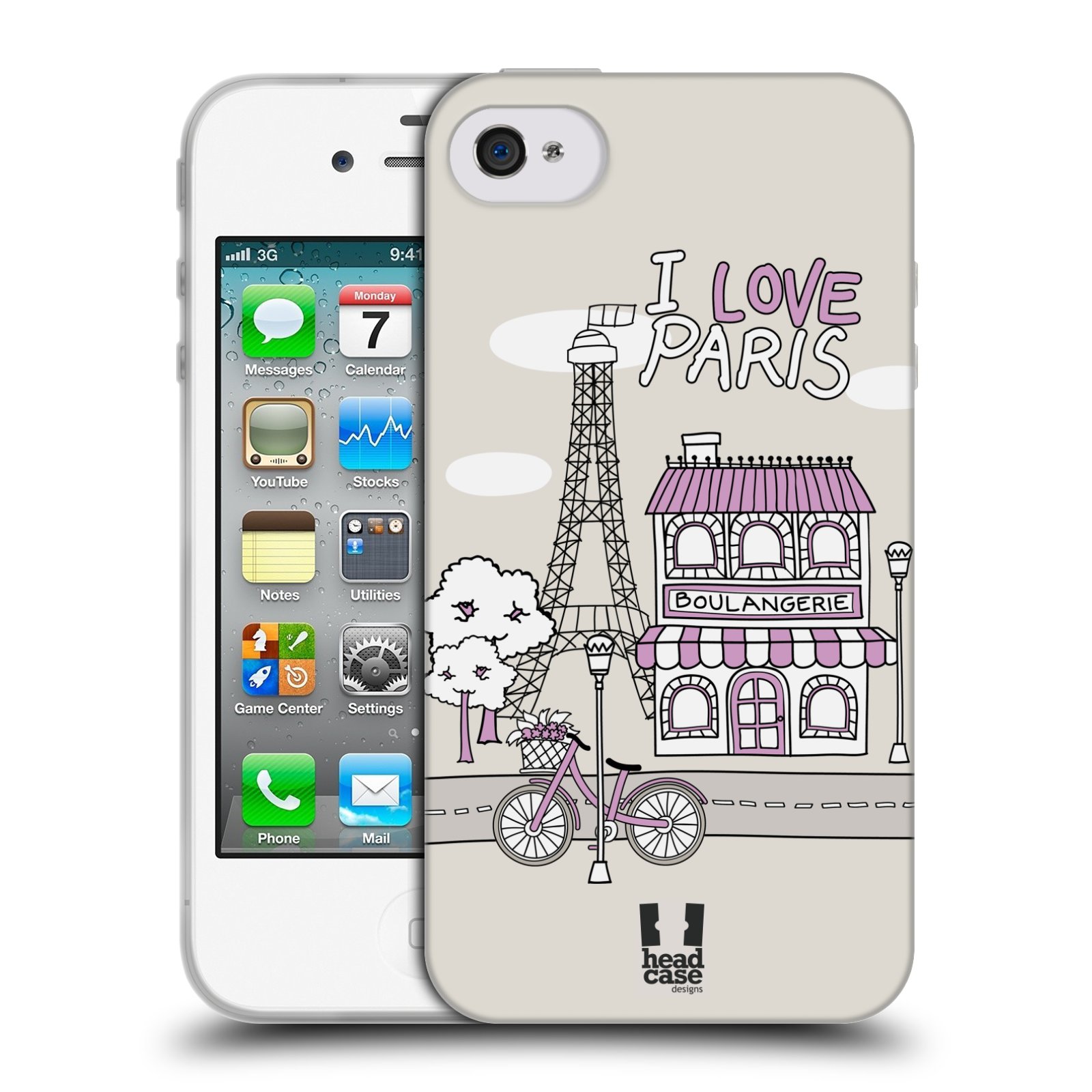 HEAD CASE silikonový obal na mobil Apple Iphone 4/4S vzor Kreslená městečka FIALOVÁ, Paříž, Francie, I LOVE PARIS