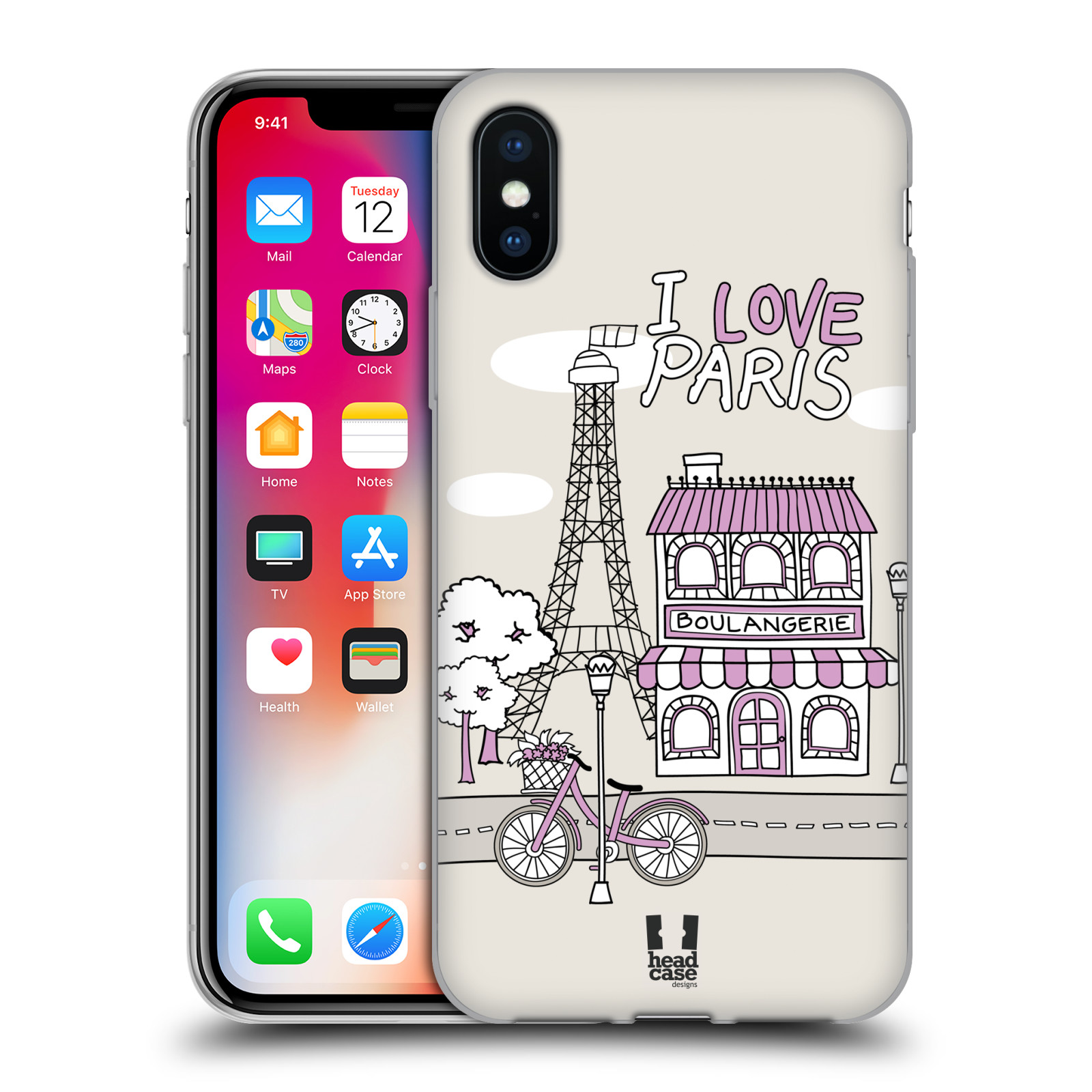 HEAD CASE silikonový obal na mobil Apple Iphone X vzor Kreslená městečka FIALOVÁ, Paříž, Francie, I LOVE PARIS