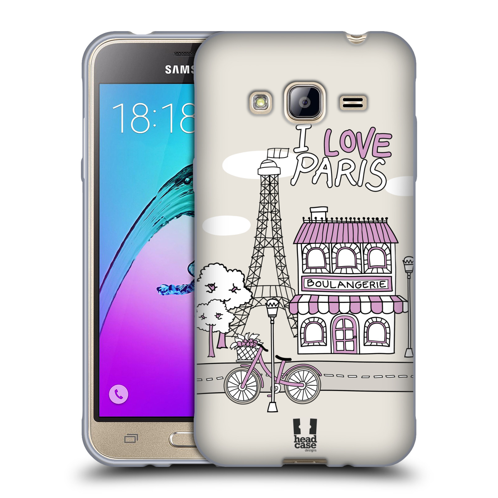 HEAD CASE silikonový obal na mobil Samsung Galaxy J3, J3 2016 vzor Kreslená městečka FIALOVÁ, Paříž, Francie, I LOVE PARIS