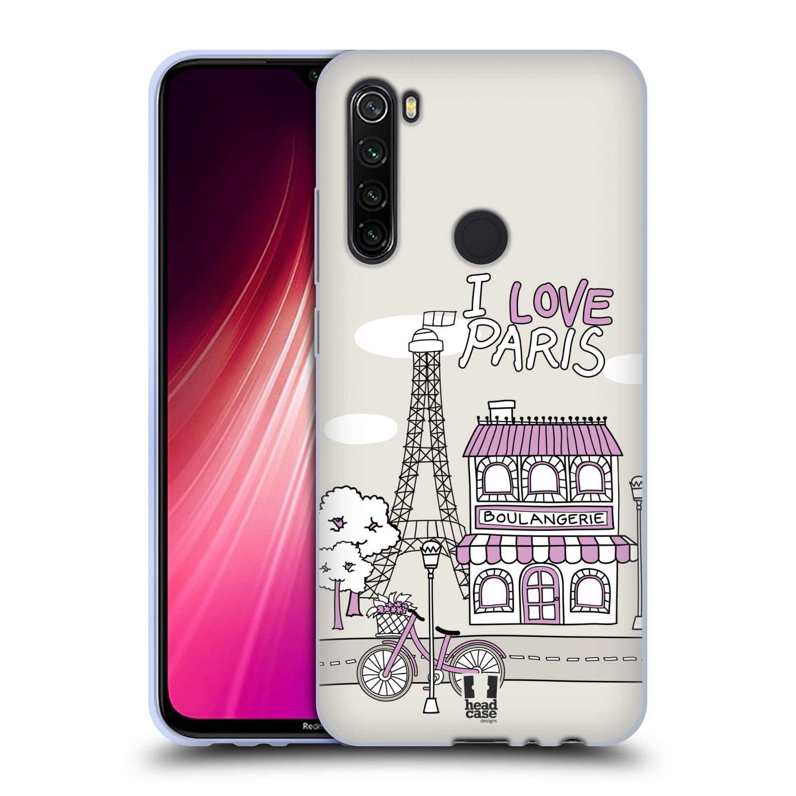 Plastový obal HEAD CASE na mobil Xiaomi Redmi Note 8T vzor Kreslená městečka FIALOVÁ, Paříž, Francie, I LOVE PARIS