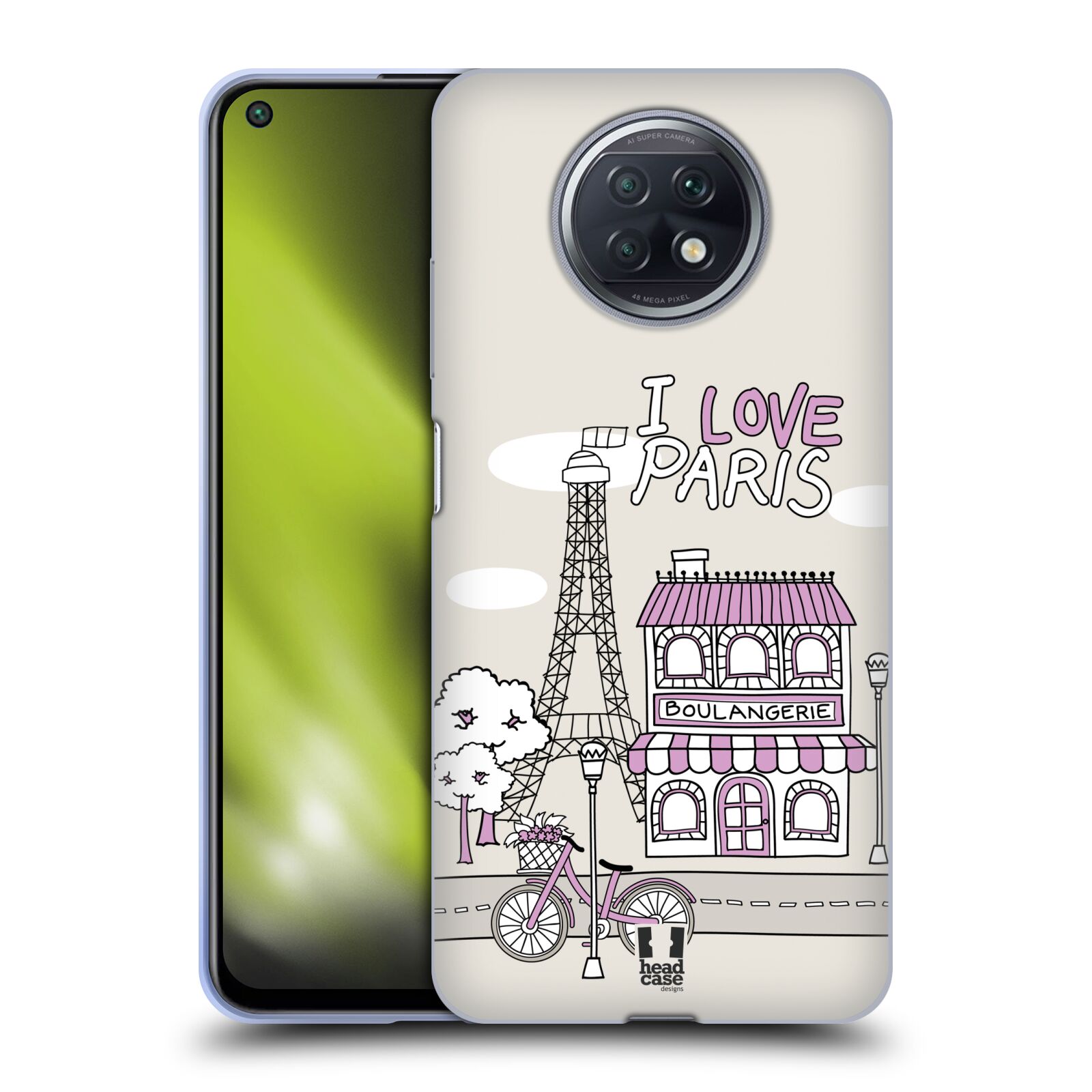 Plastový obal HEAD CASE na mobil Xiaomi Redmi Note 9T vzor Kreslená městečka FIALOVÁ, Paříž, Francie, I LOVE PARIS