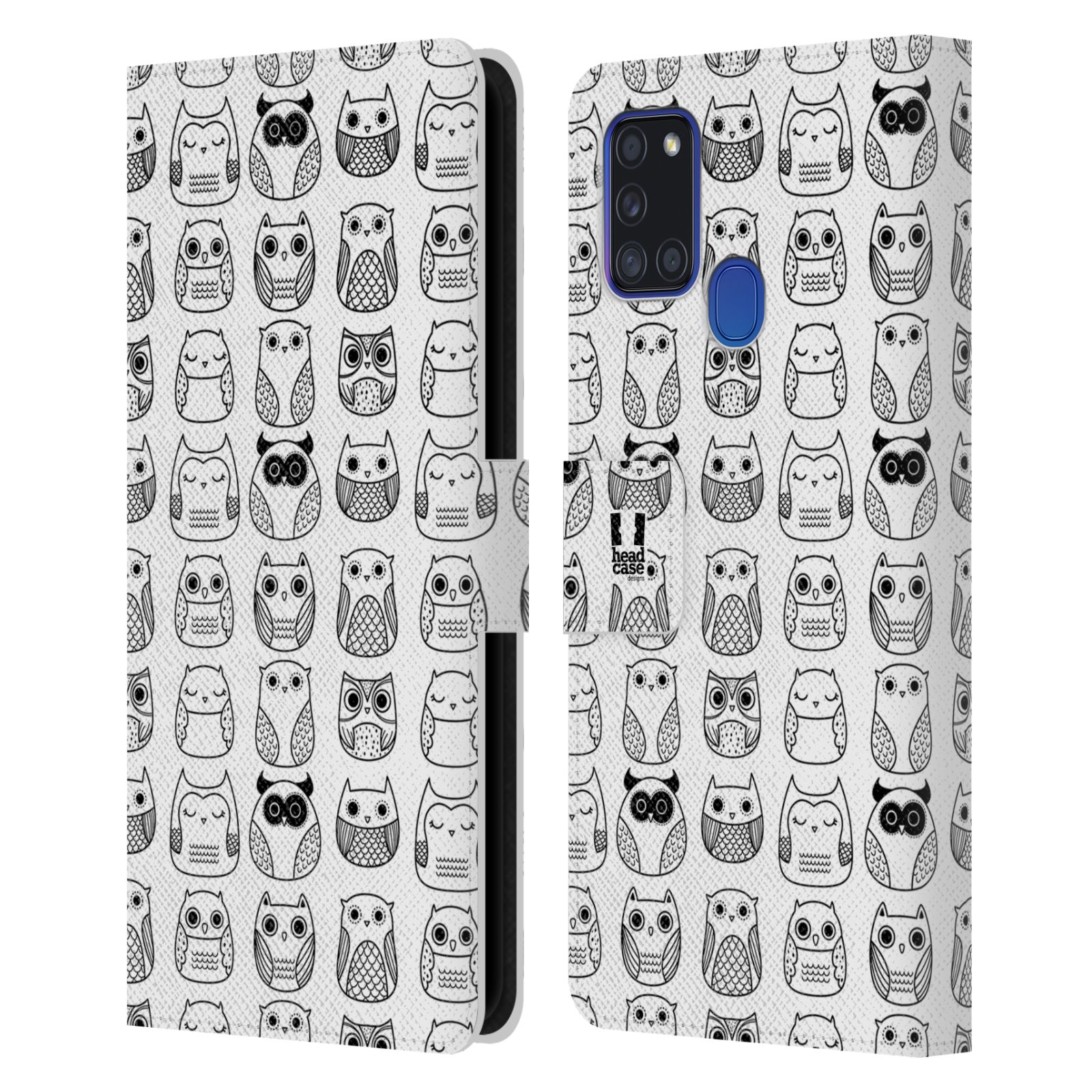 HEAD CASE Flipové pouzdro pro mobil Samsung Galaxy A21s černobílé sovičky kreslené bílá barva