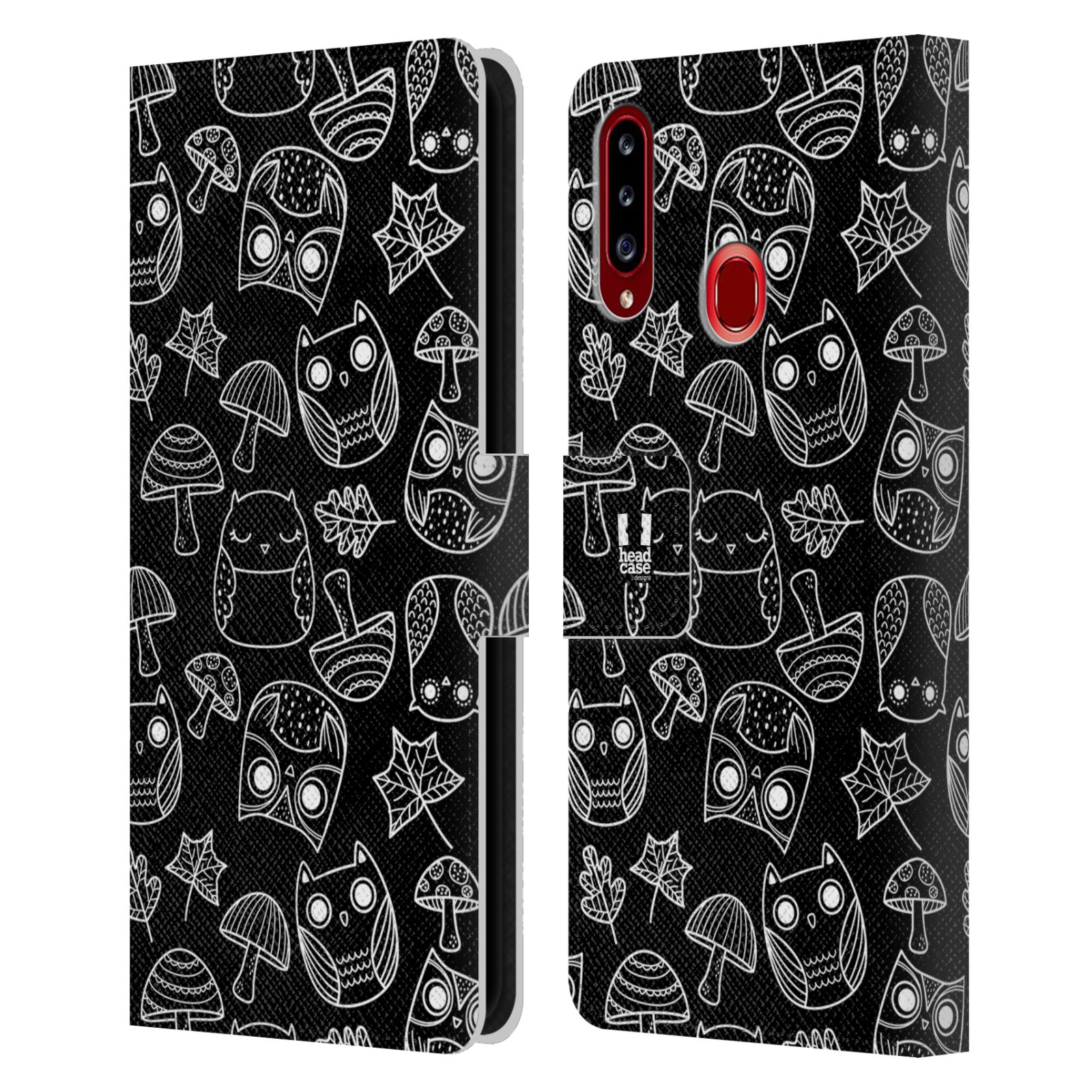 HEAD CASE Flipové pouzdro pro mobil Samsung Galaxy A20s černobílé sovičky kreslené houbičky a sovičky černá