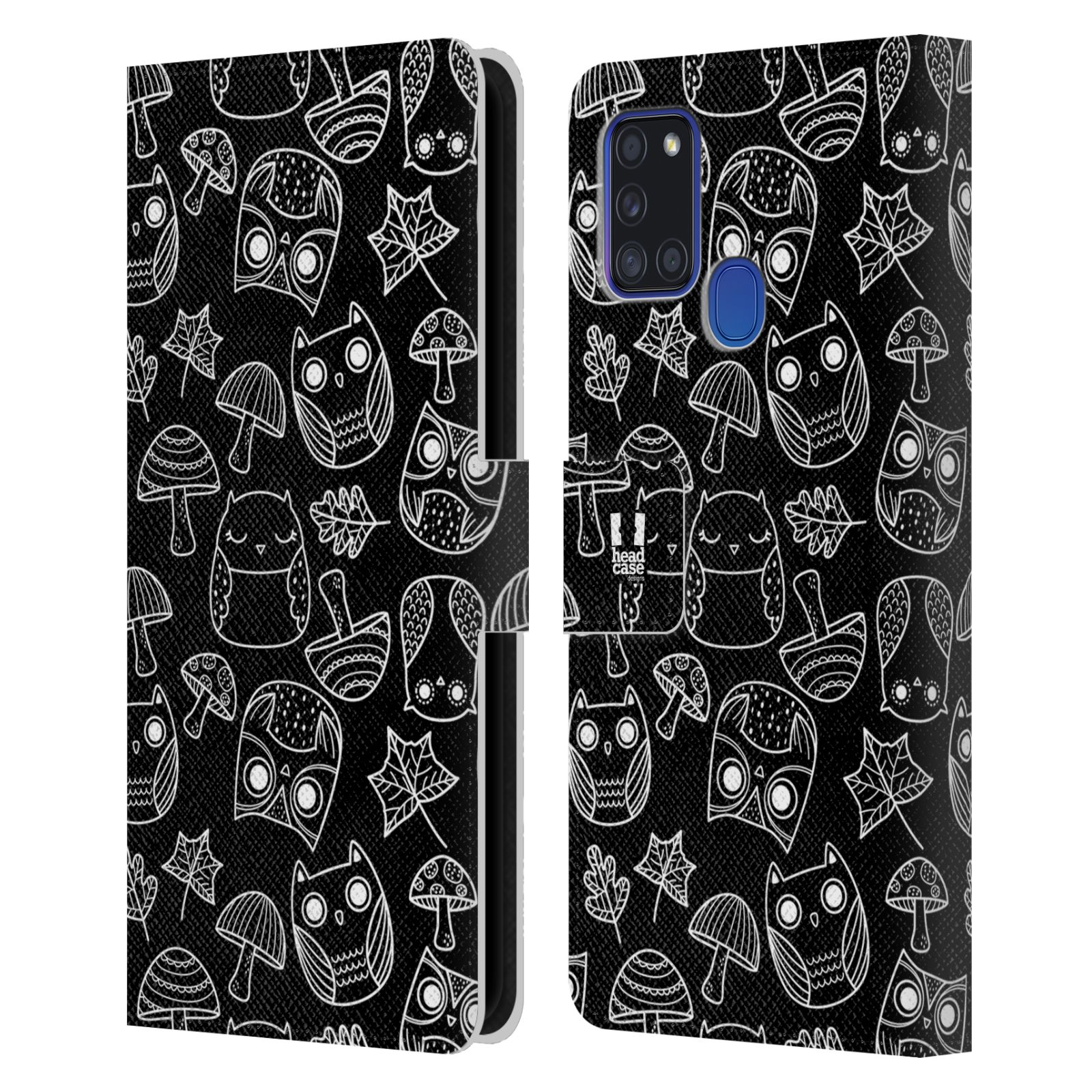 HEAD CASE Flipové pouzdro pro mobil Samsung Galaxy A21s černobílé sovičky kreslené houbičky a sovičky černá