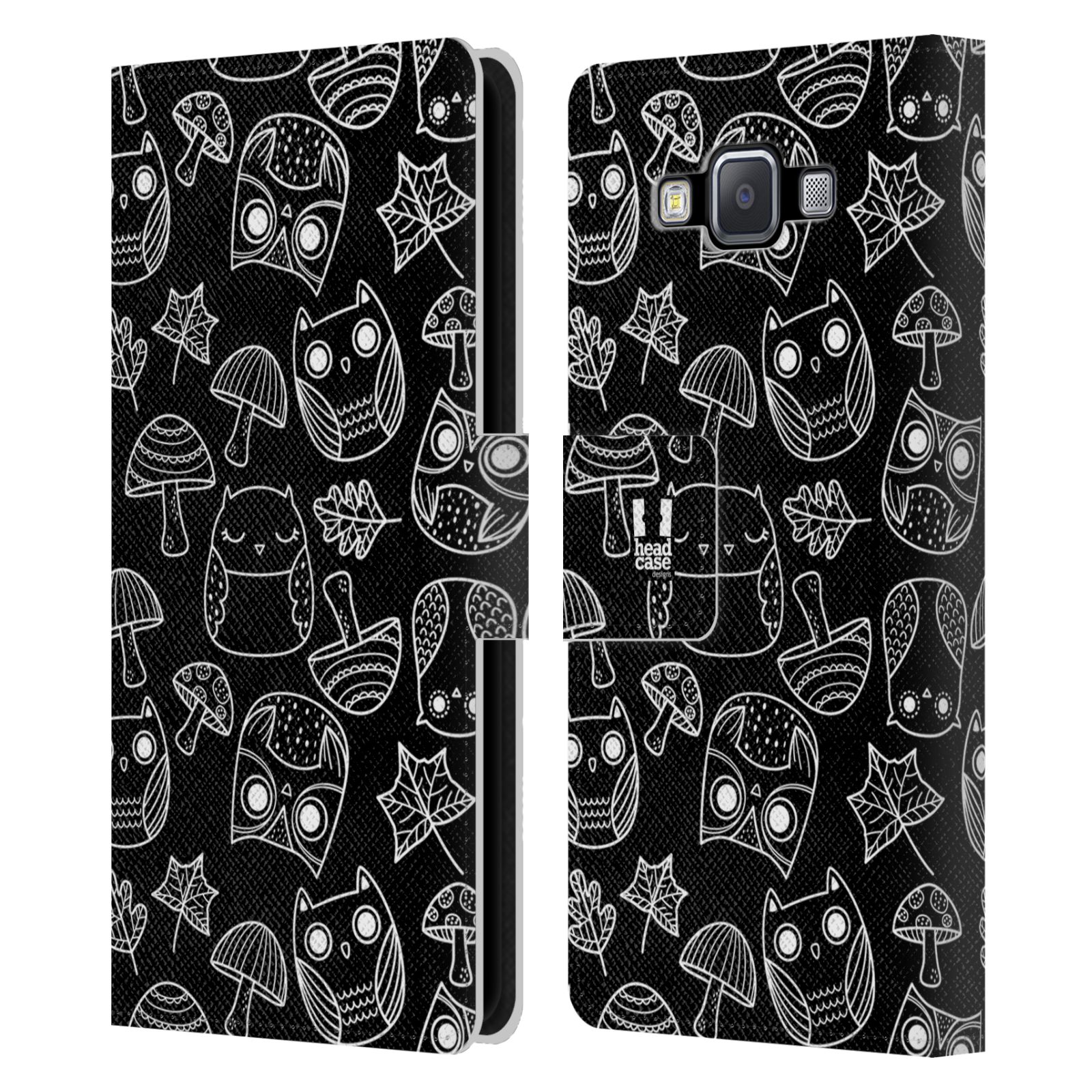 HEAD CASE Flipové pouzdro pro mobil Samsung Galaxy A5 černobílé sovičky kreslené houbičky a sovičky černá